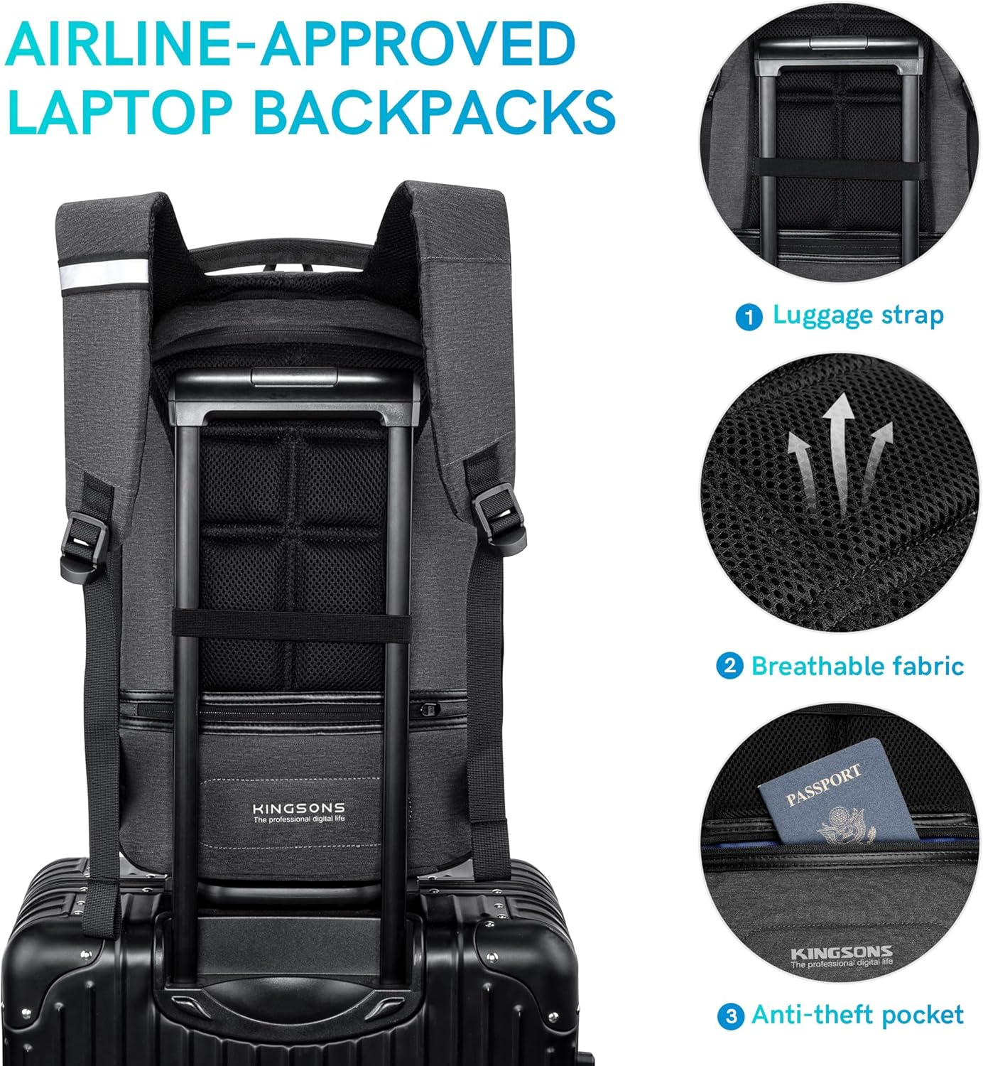 Kingsons Laptop Backpack, Slim Business Travel with USB Charging Port Anti-Theft for 13.1 15.6 17.3 Inch Laptop&hellip;