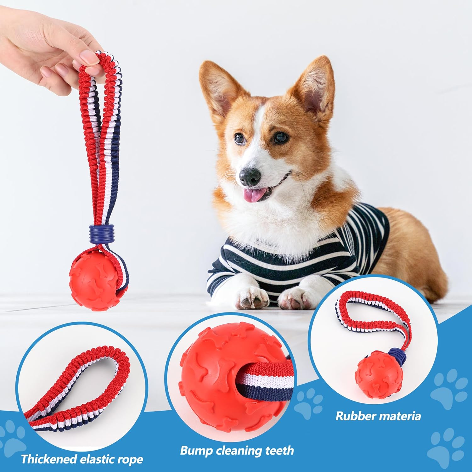 Yiliya Dog Ball on a Rope, 2 Pieces, Diameter 7 Cm, Interactive Natural Rubber Ball Dog for Fetching, Catching, Throwing and Pulling War, 30 Cm (Blue + Red) image number 1