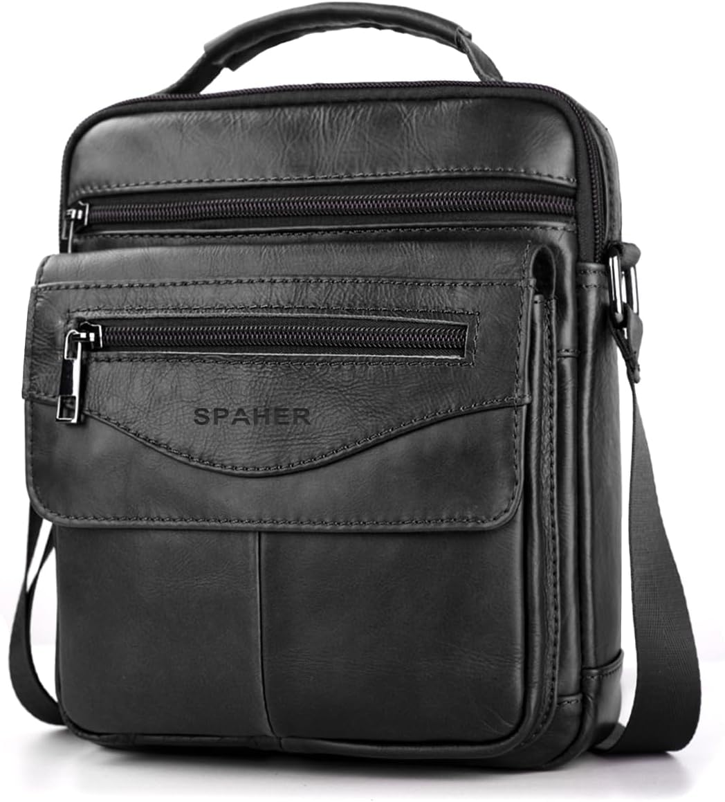 SPAHER Men'S Leather Handbag Shoulder Sling Crossbody Messenger Business Waterproof Travel Daily Bag with Adjustable Strap for Ipad 11 Inch