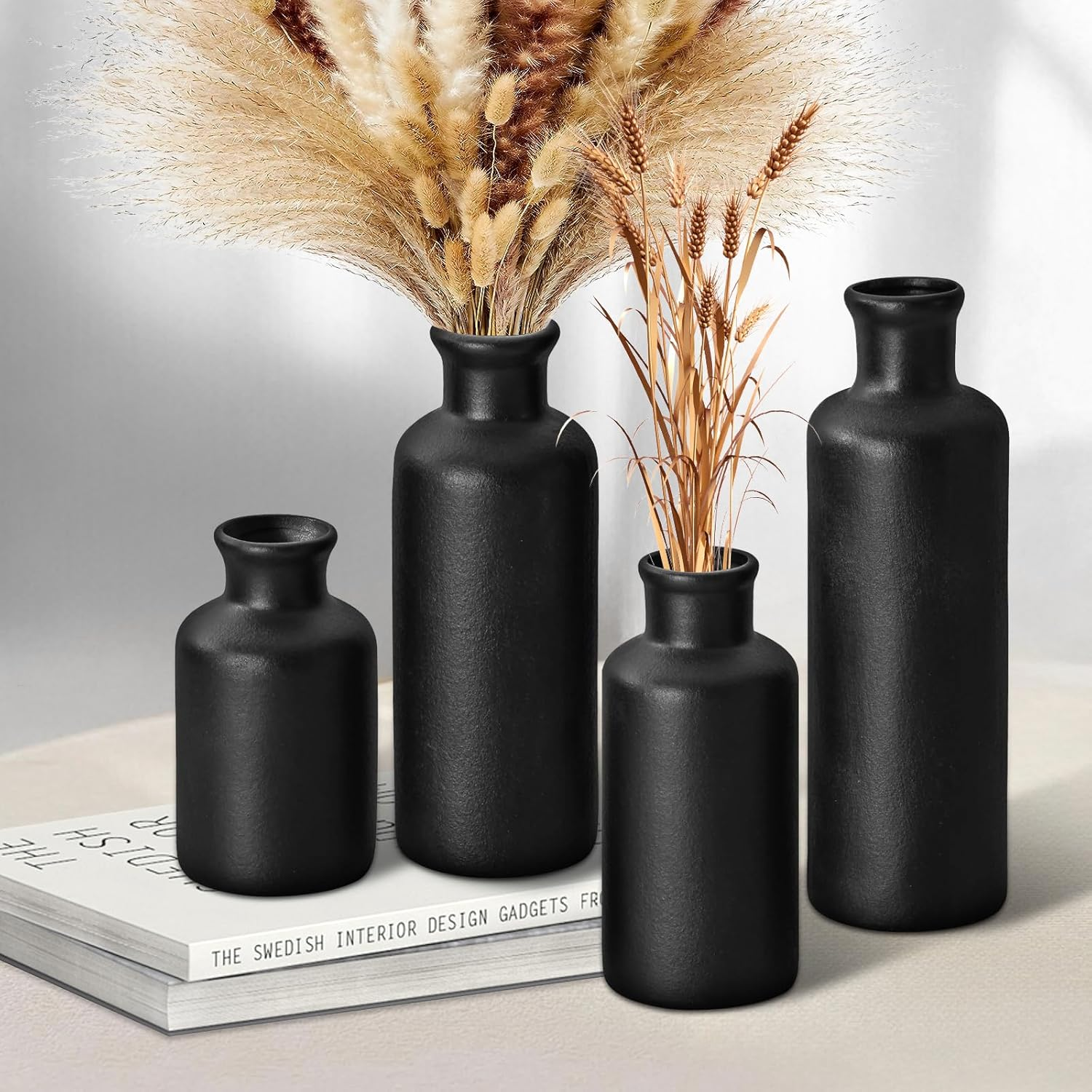 Black Ceramic Vase Set-3 Small Flower Vases for Decor Boho Vase Distressed Farmhouse D&eacute;cor, Pottery Decorative Flower Vase for Home Decor, Table, Living Room Decor, Idea Shelf