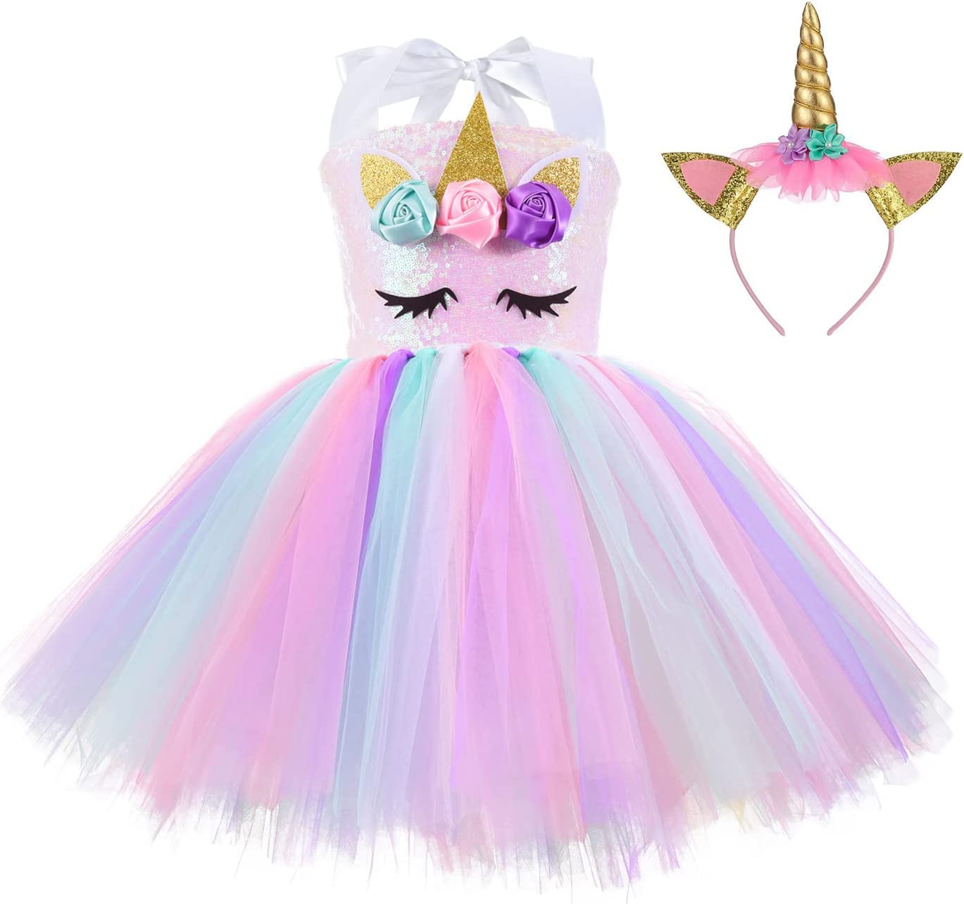 AUTOWT Sequin Unicorn Dress for Girls with Headband, Rainbow Tutu Dress for Birthday Pageant Christmas Party Dance Princess Costumes image number 5