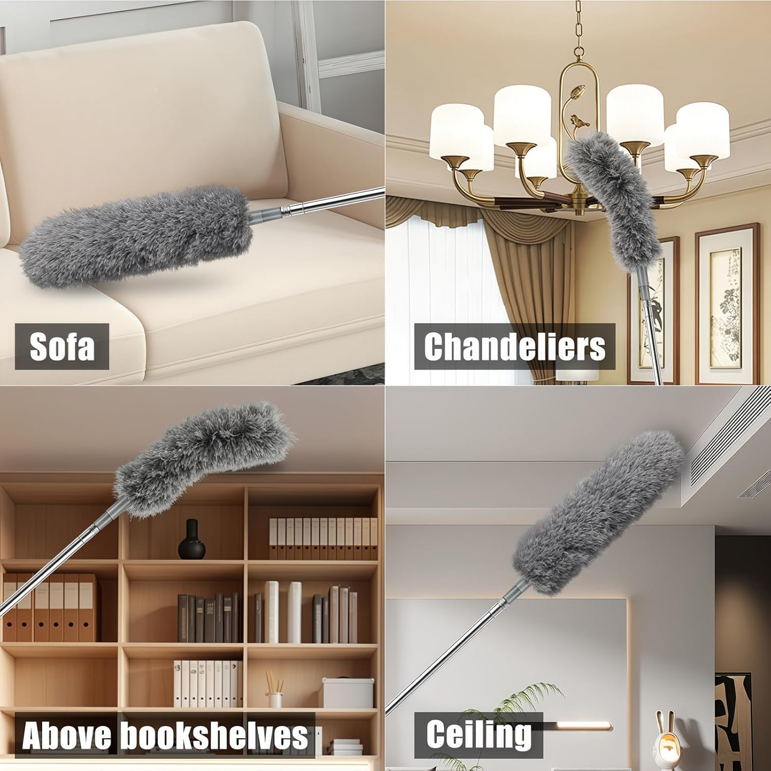Zikenis Washable Telescopic Duster, Microfibre with Stainless Steel Telescopic Rod, Long Extendable up to 2.45 M, for Ceiling Cobwebs Cleaning, Grey