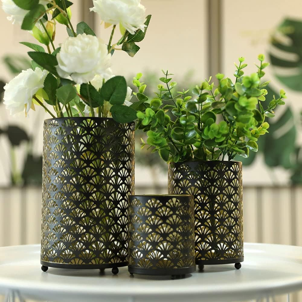 JHY DESIGN Set of 3 Metal Candle Holders Bronze Hurricane Pillar Candleholder Vintage Table Candlestick Holders Great Centerpieces for Home Decor Wedding Parties Events image number 1