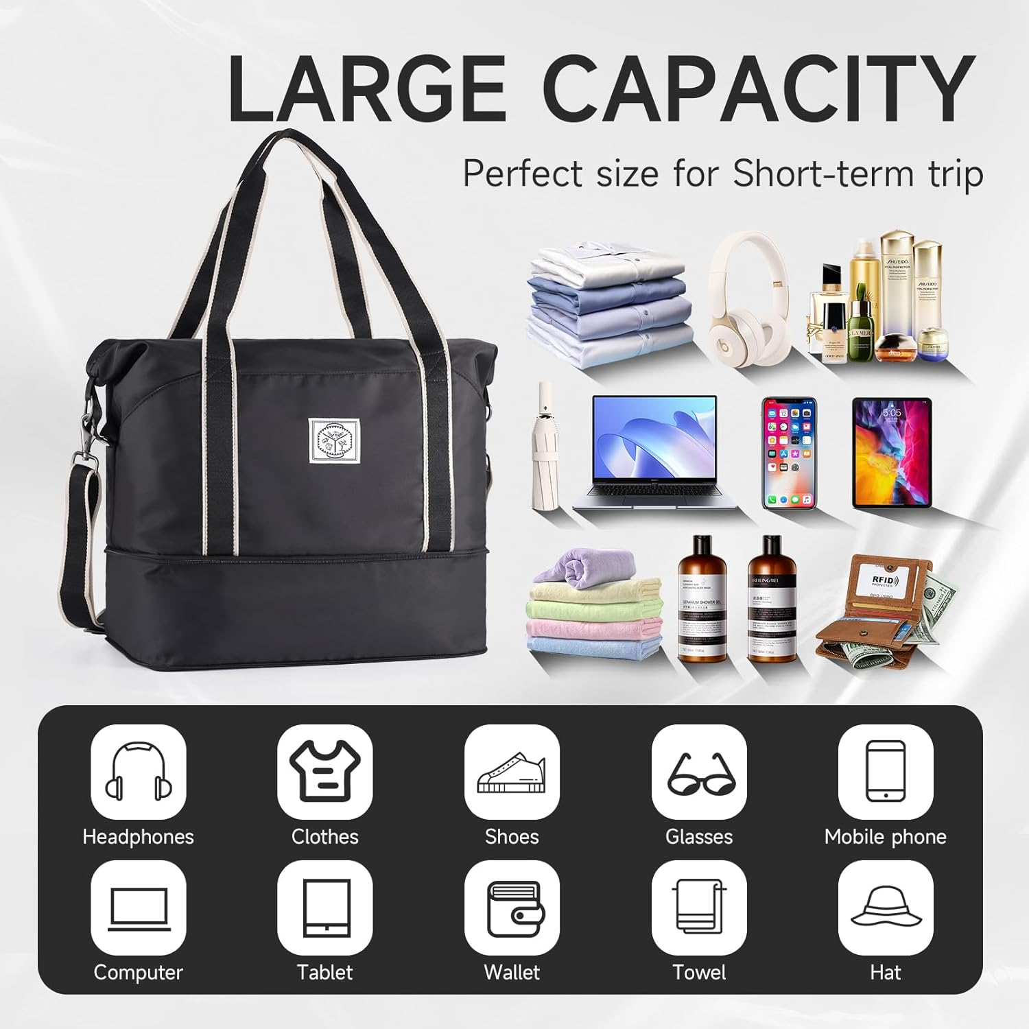 WALNEW Travel Duffle Bag, Carry on Bag for Women Men, Foldable Overnight Weekender Duffel Bags, Large Gym Tote Bag with Metal Buckle Detachable Shoulder Strap and Wet Compartment, Black - Klein Blue image number 4