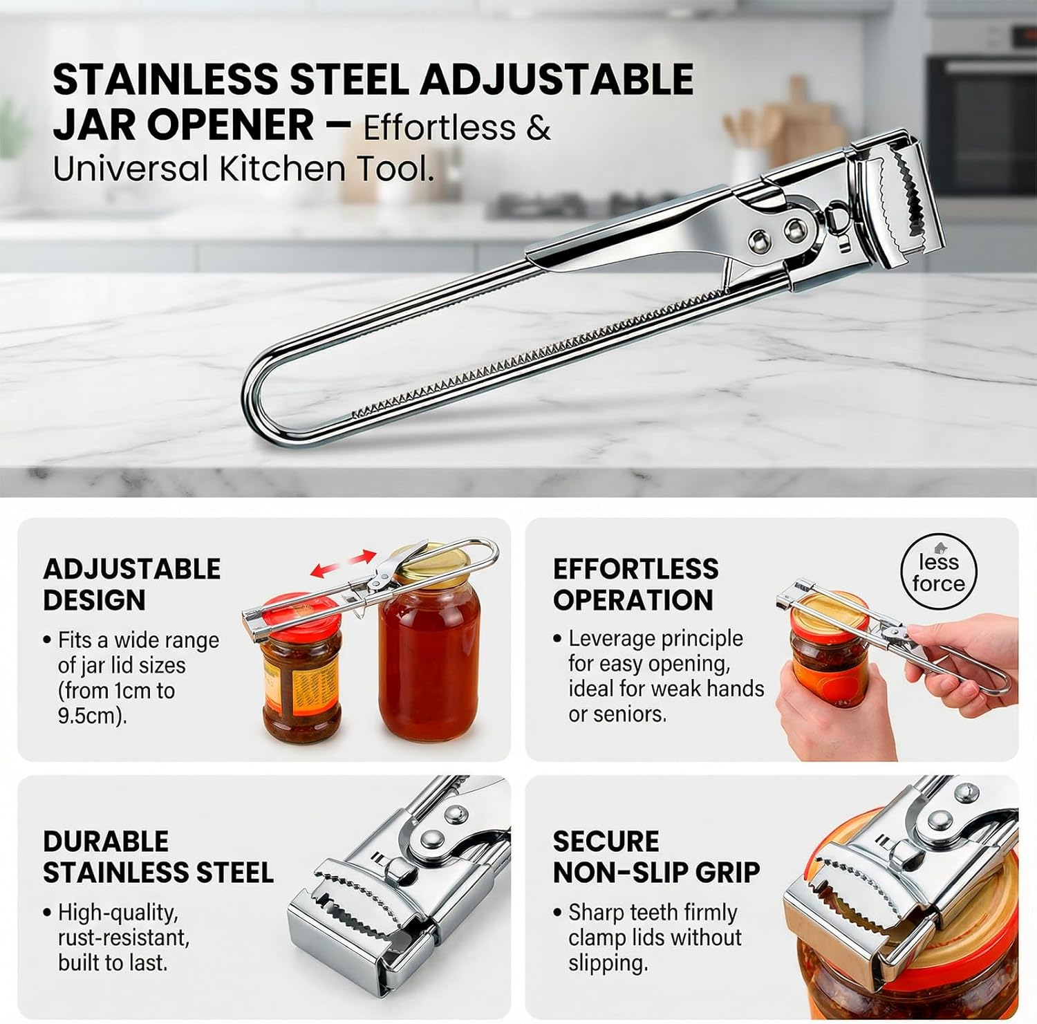 JANGJANG Jar Opener, Adjustable Stainless Steel Can & Bottle Opener, Manual Kitchen Tool for Easy Grip and Effortless Opening, Suitable for Jars, Lids, Bottles, & Cans, Durable & Easy to Use image number 3