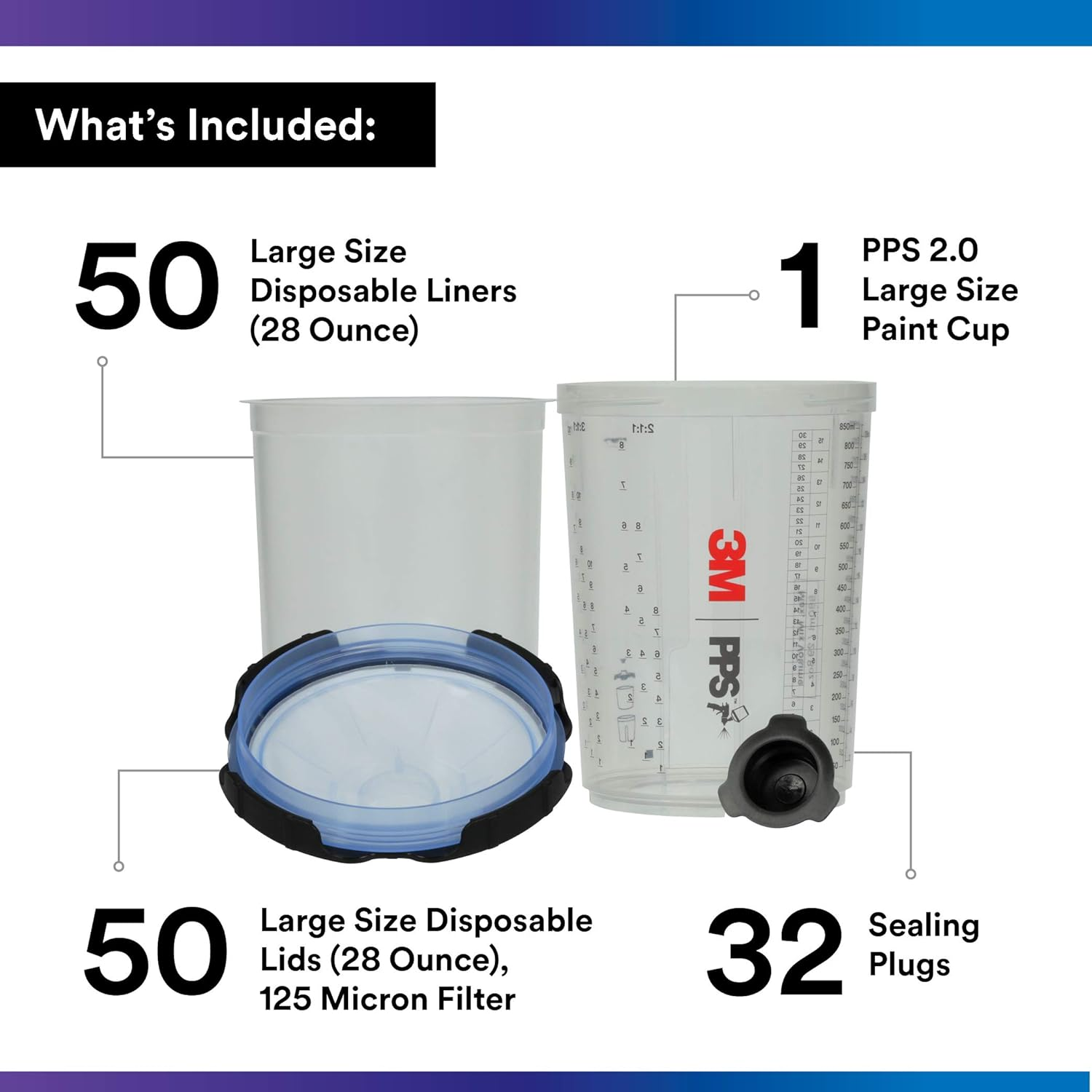 3M PPS 2.0 Spray Gun Cup, Lids and Liners Kit, 26325, Large, 28 Ounces, 125-Micron Filter, Use for Cars, Furniture, House and More, 1 Paint Cup, 50 Disposable Lids and Liners, 32 Sealing Plugs - 22 Oz (Standard) image number 7