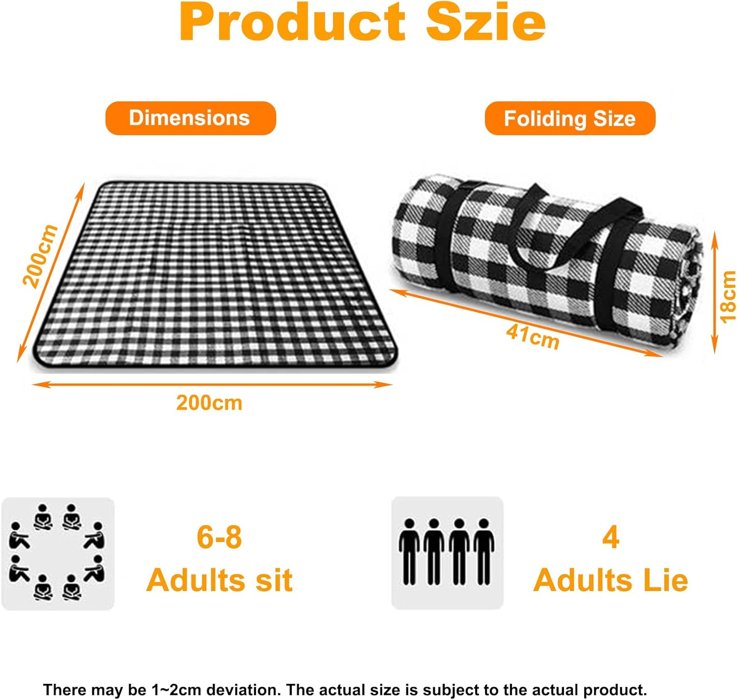 AUTENS 2M X 2M Extra Large Picnic Blanket Use as Outdoor Play Mat, 3-Layer Indoor Couch Throw for Warmth, Family Size, Camping Beach Waterproof Cashmere Rug (Black and White Grid image number 5
