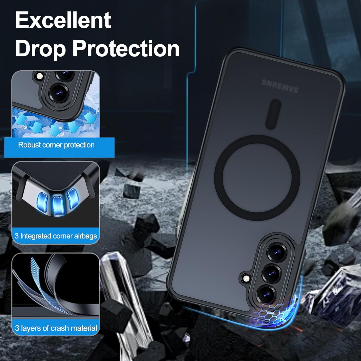 Magnetic Case for Samsung Galaxy A17 4G/5G,Compatible with Magsafe with Screen Protector [Wrist Strap] Translucent Matte Back Shockproof Slim Cell Phone Protective Cover(Black) image number 2