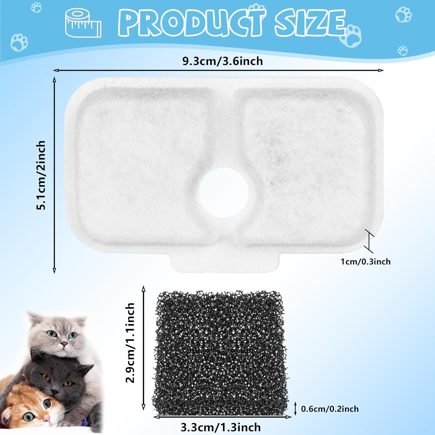 10 Pack Cat Water Fountain Filter Replacement, Compatible with PETLIBRO Dockstream 2.5L/84Oz Cat Water Fountain PLWF005/PLWF105/PLWF115/PLWF305, Quiet Cat Fountain Filters with 10 Pre-Filter Sponges image number 4