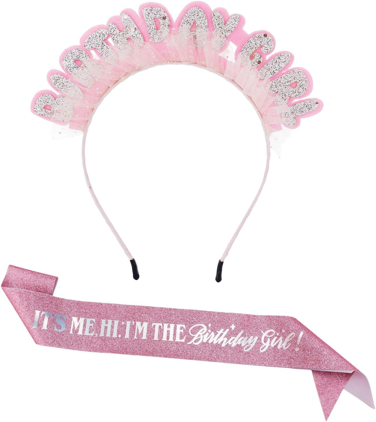 Birthday Sash and Headband, Pink It'S Me Hi I'M the Birthday Girl Sash with Glitter Headband Sequins Hair Accessories for Women Girls Happy Birthday Party Decoration Gift Supplies image number 1