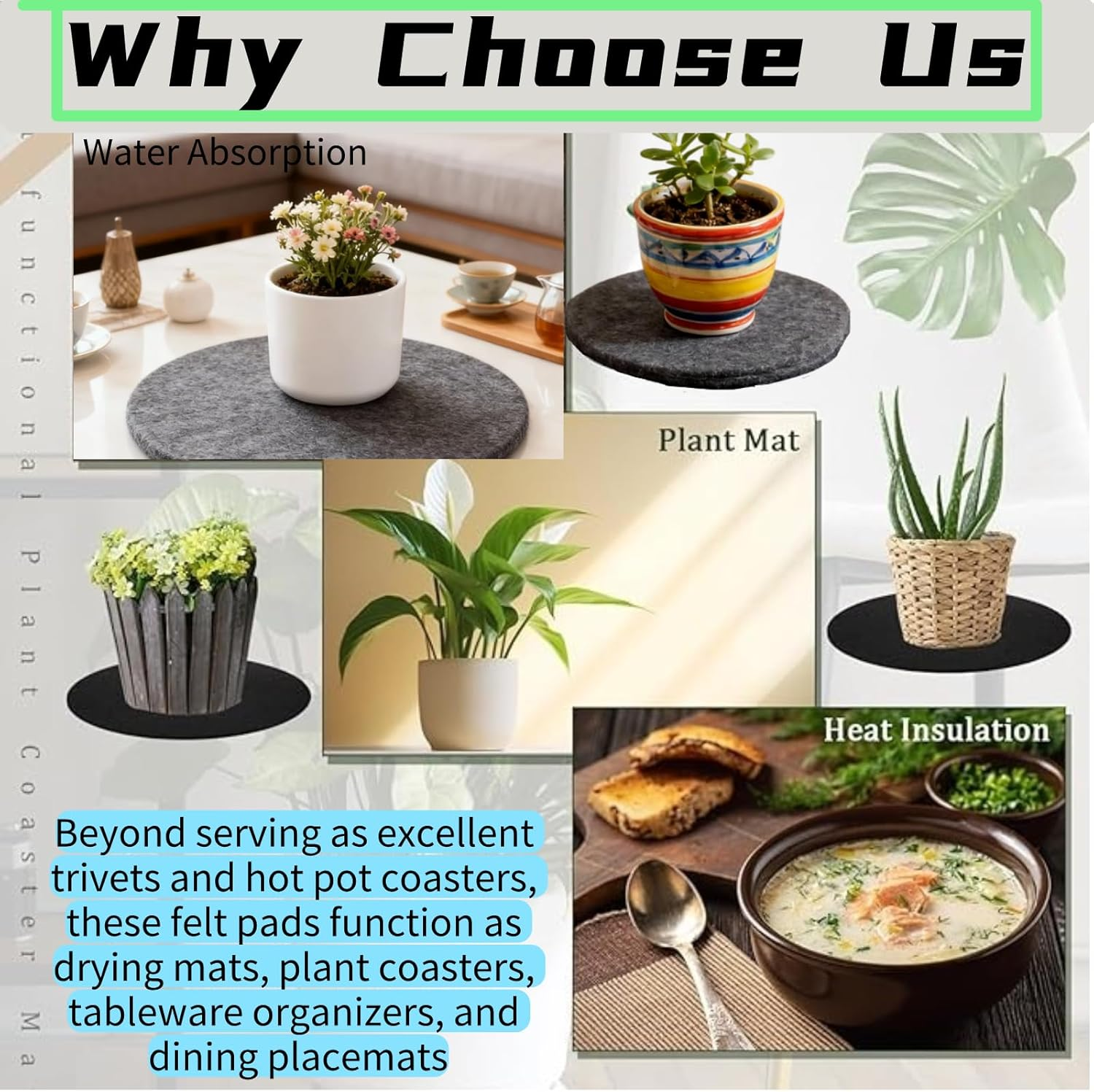 Abeillo 9PCS round Felt Plant Mat Reversible Fabric Coaster Mat Absorbent Waterproof Plant Pot Saucers for Gardening, Indoor and Outdoor Pots, DIY Craft Supplies(8&rdquo;, 10&rdquo;, 12&rdquo;Grey) image number 3