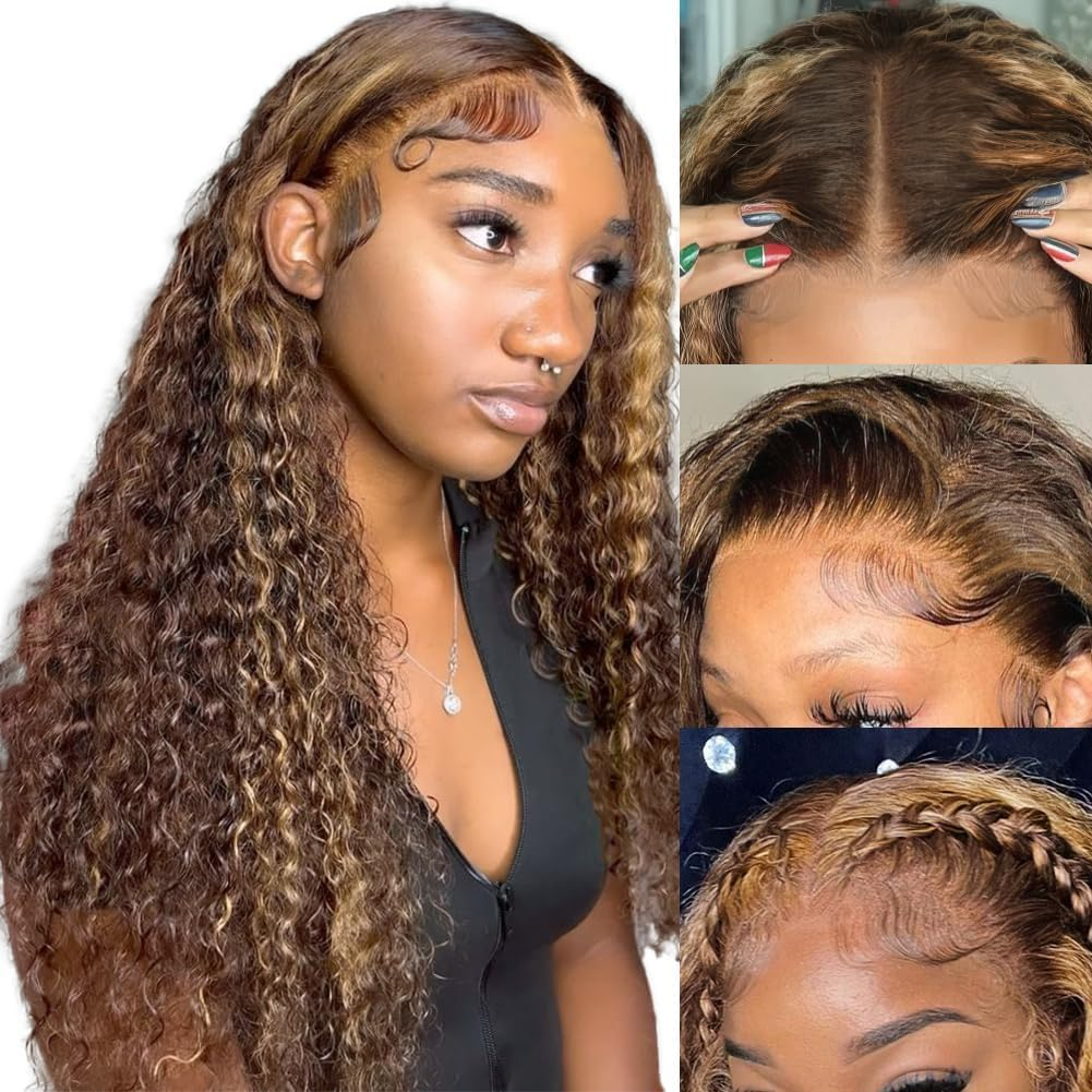 26 Inch Highlight HD Transparent Lace Front Wig Human Hair Pre Plucked 180% Density Glueless Flawless Hairline Curly Human Hair Wigs for Black Women 4/30 Coloured Wigs image number 4