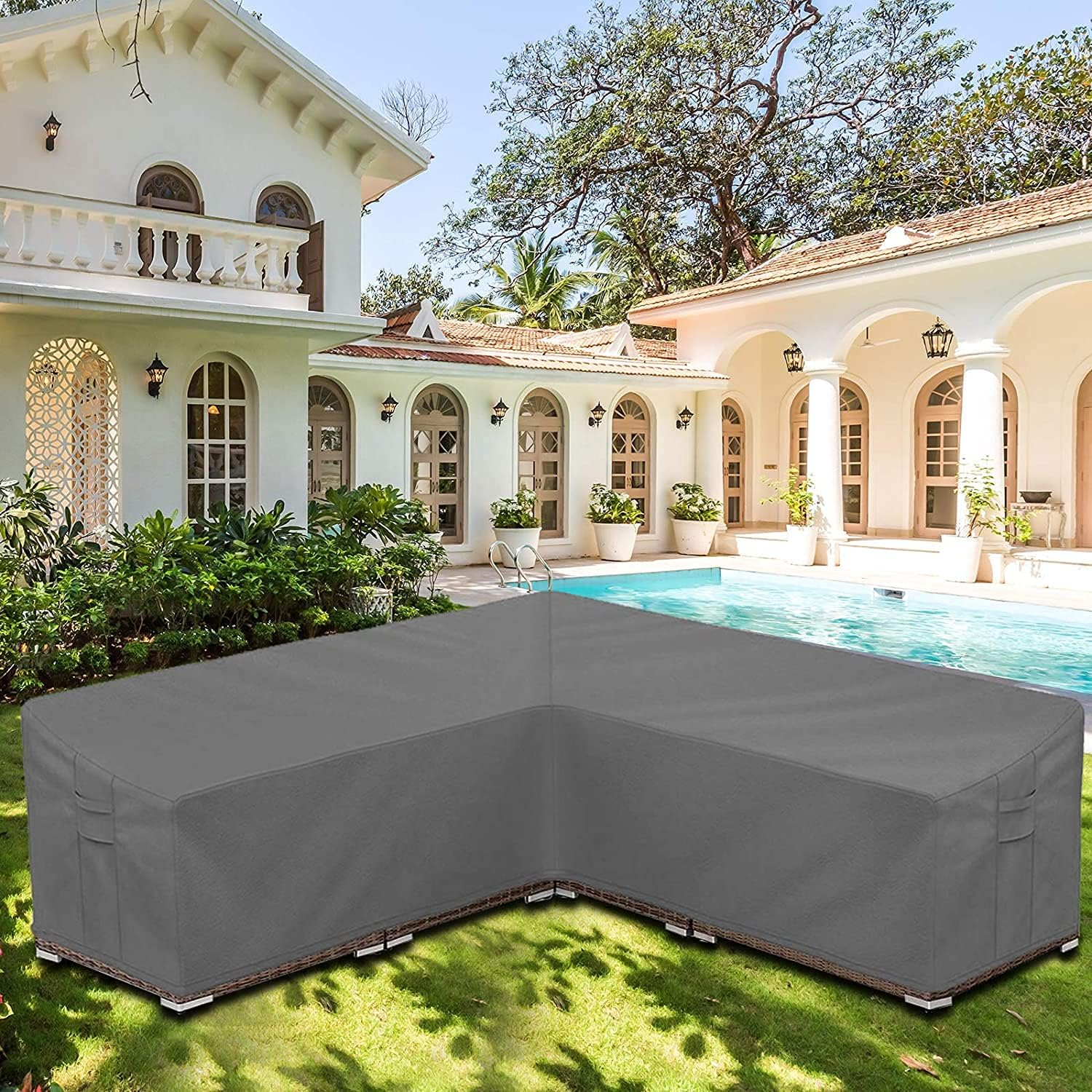 Garden Furniture Covers L-Shape Furniture Cover Waterproof Windproof 420D Heavy Duty Oxford Fabric Outdoor Patio Sectional Couch Rattan Corner Sofa Table Chair Protection Left Facing:112&times;87In image number 2