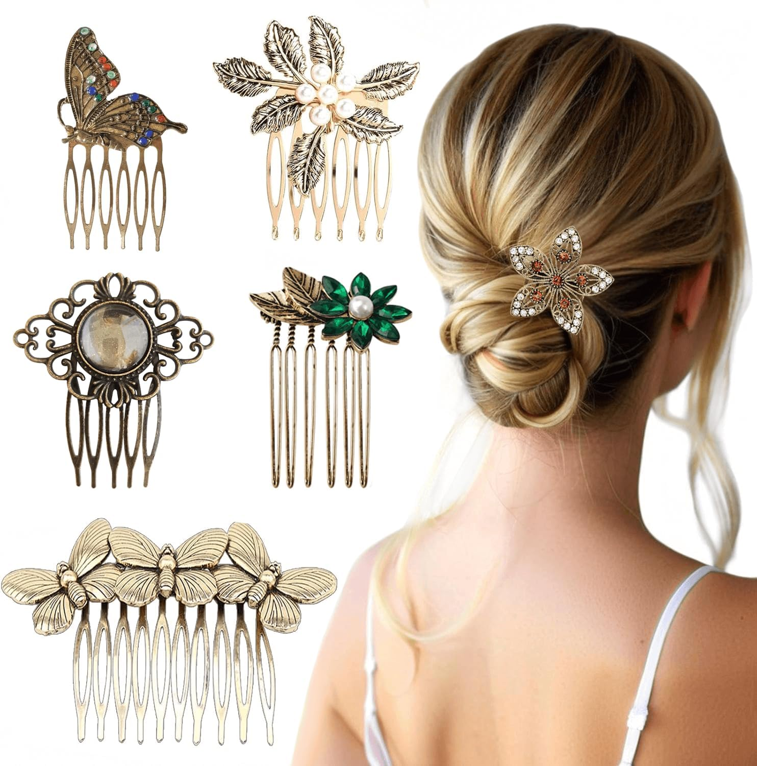6 Pack Vintage Gold Hair Side Combs for Women Decorative,Butterfly Flower Leaf Pearl Rhinestone Metal Hair Comb Tooth Clip with Teeth Grip Crystal Bridal Hair Piece Pins for Wedding Accessories