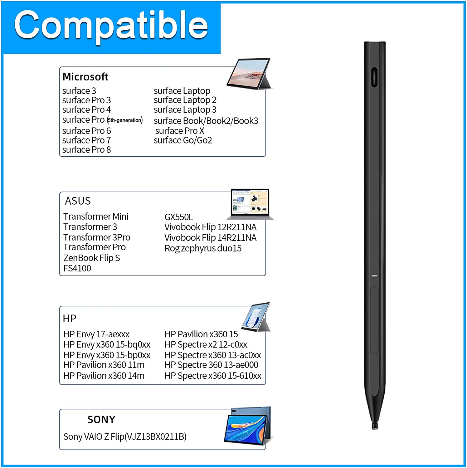 Stylus Pen for Microsoft Surface Pro X/8/7/6/5/4/3, Surface Go 3/2/Book 3/2, Surface Laptop 4/3/Laptop Go/Studio 2 - Compatible with Asus Vivobook, Dell, HP Tablet Pen