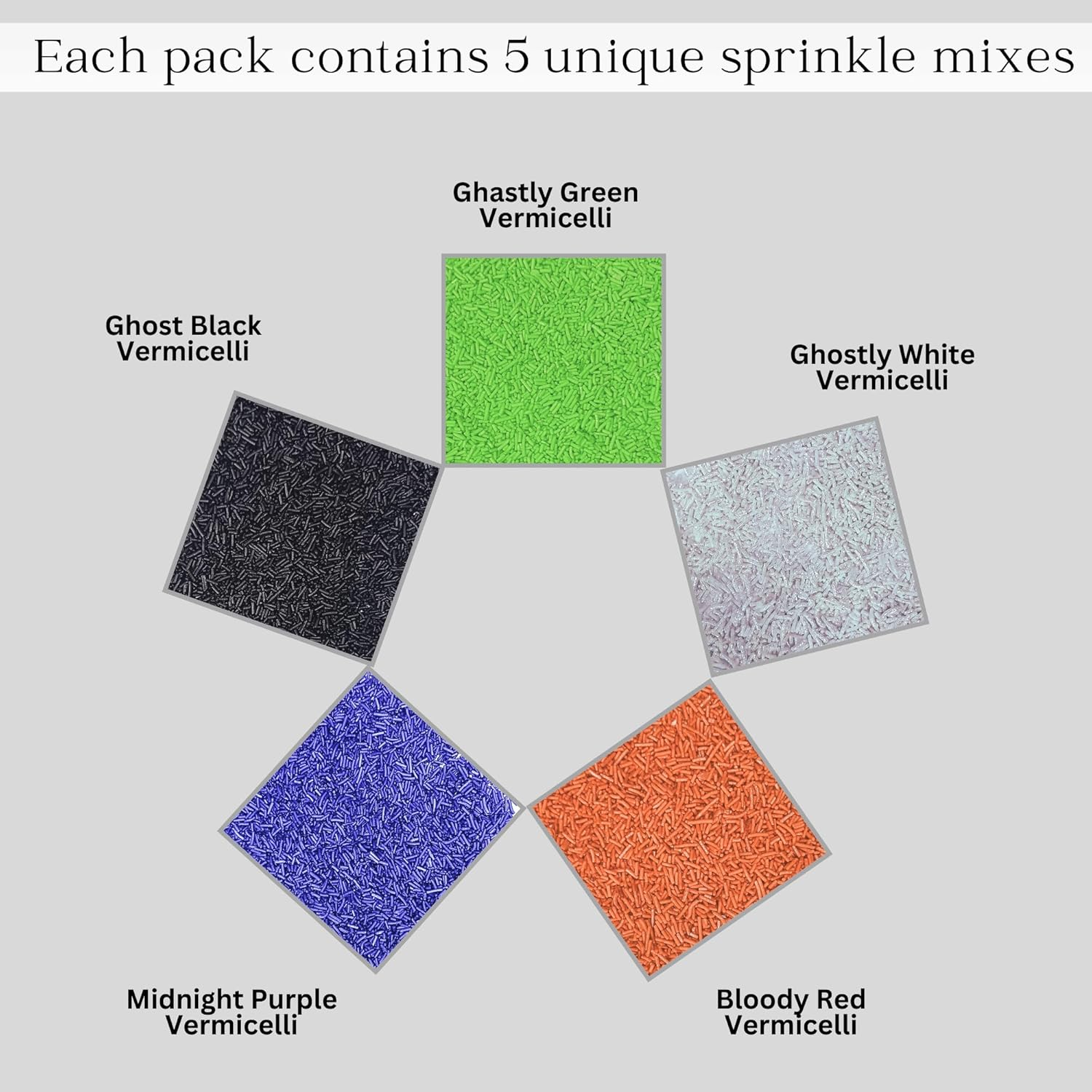 Confect Vermicelli Sprinkles for Baking & Cake Decorative Vermicelli Sprinkles Assorted Pack of 5 Feast of Fears Vermicelli Sprinkles Mix Sliver, Orange, Irish Purple, Black & Lime Green - 3.5Oz image number 4