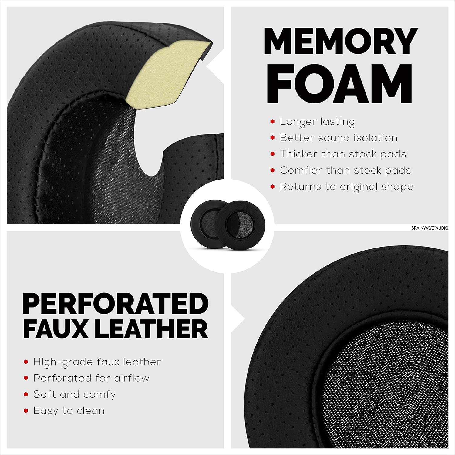 BRAINWAVZ round Memory Foam Earpads - Suitable Many Large Headphones - Steelseries, HD668B, ATH, AKG K553, Hifiman, ATH, Philips, Fostex, Sony Ear Pad & More (Perforated Black)