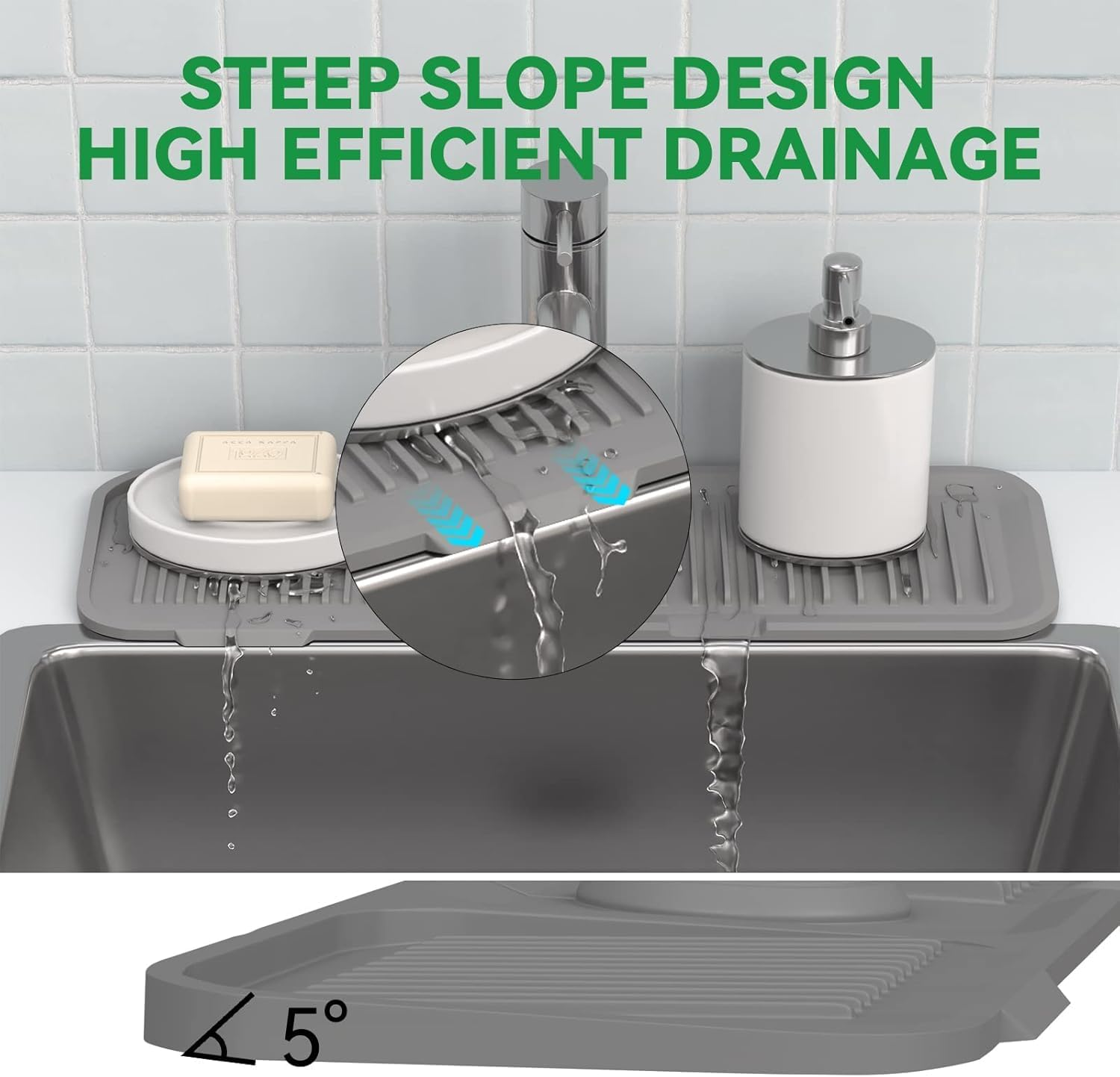 Kitchen Sink Splash Guard 37 * 14 Cm, Silicone Adjustable Draining Mat Kitchen Faucet, Multipurpose Foldable Design for Dish Drying Mats & Bathroom, Farmhouse, Bar & Rv image number 3