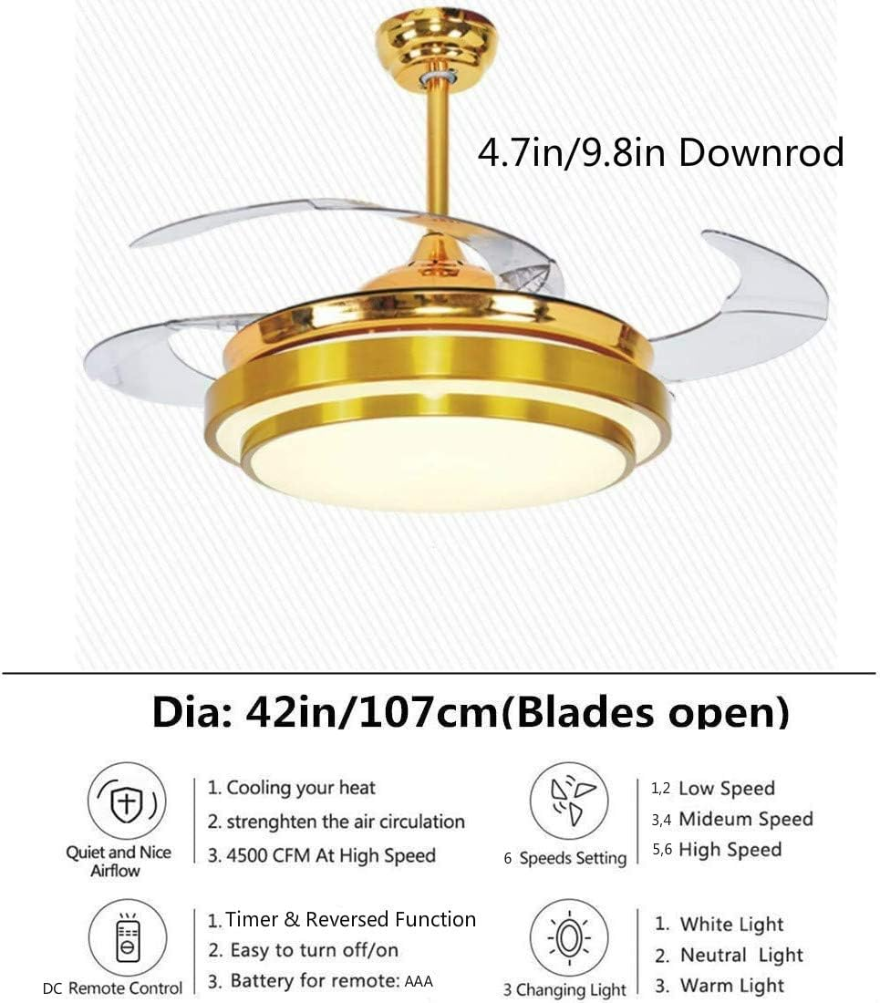 Lighting Groups Reversible Retractable 42 Inch Gold Ceiling Fan Chandelier with LED Light and Remote Control, 4 Clear ABS Blade, Livingroom Fandelier Indoor Ceiling Light Kits with Fans image number 5