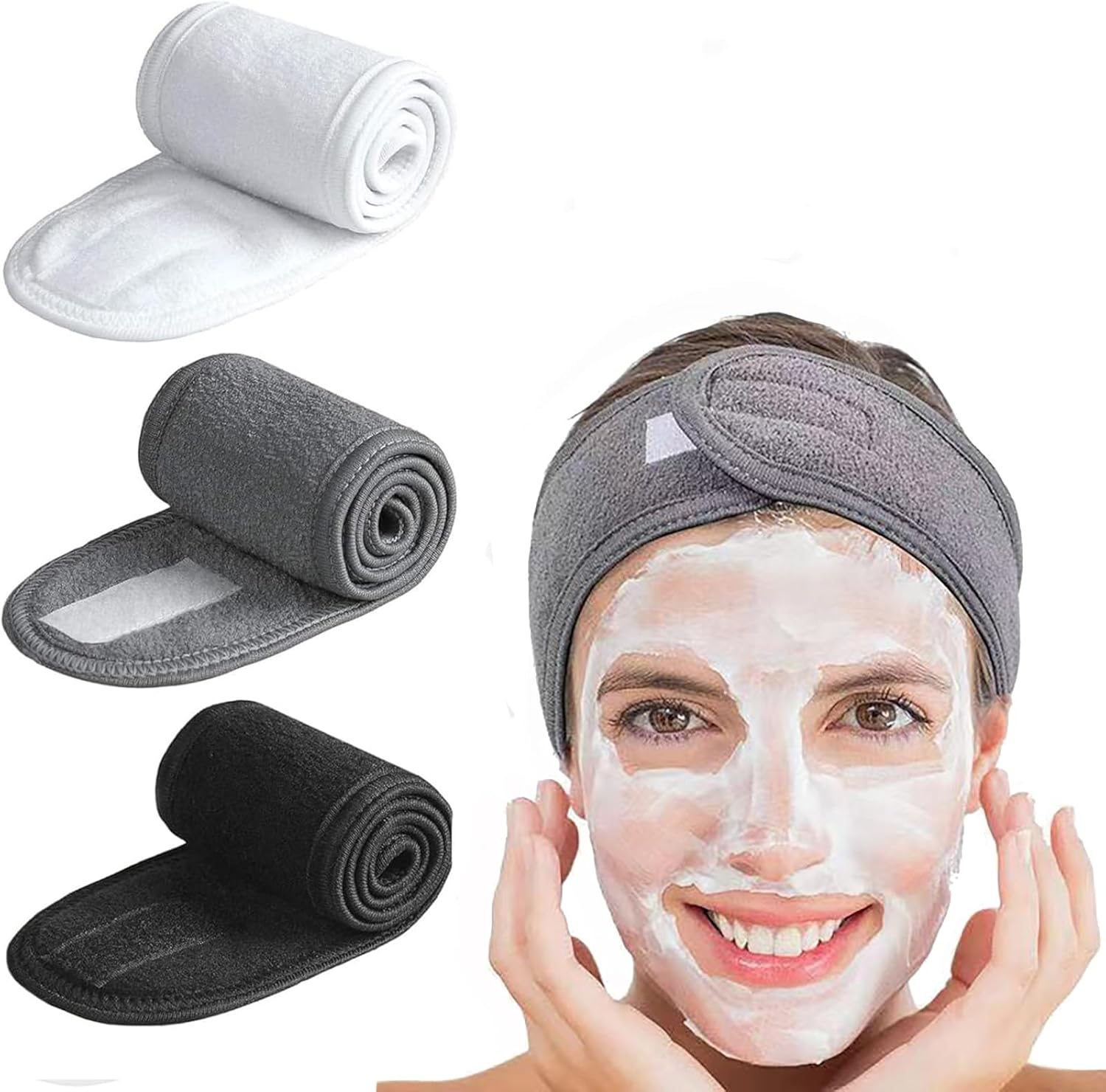 Spa Headband 3 Pack, Head Bands for Women, Soft Terry Cloth Head Wrap for Skincare, Makeup, Yoga, Gym, Shower, 60 X 8.5 Cm (White, Grey, Black) image number 5