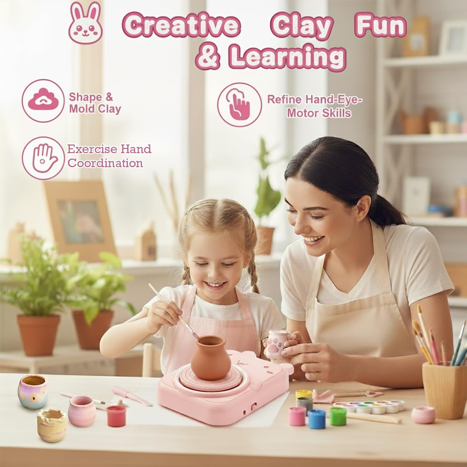 Pottery Wheel for Kids, Girls Arts and Crafts Toys for Kids Ages 8-12, Pottery Studio Craft Kit with 2 Pack Air-Dry Clay, Art Supplies for Kids Toys Girls Birthday, Age 6 7 8 9 10 11 12+ (Pink) - Pink image number 5