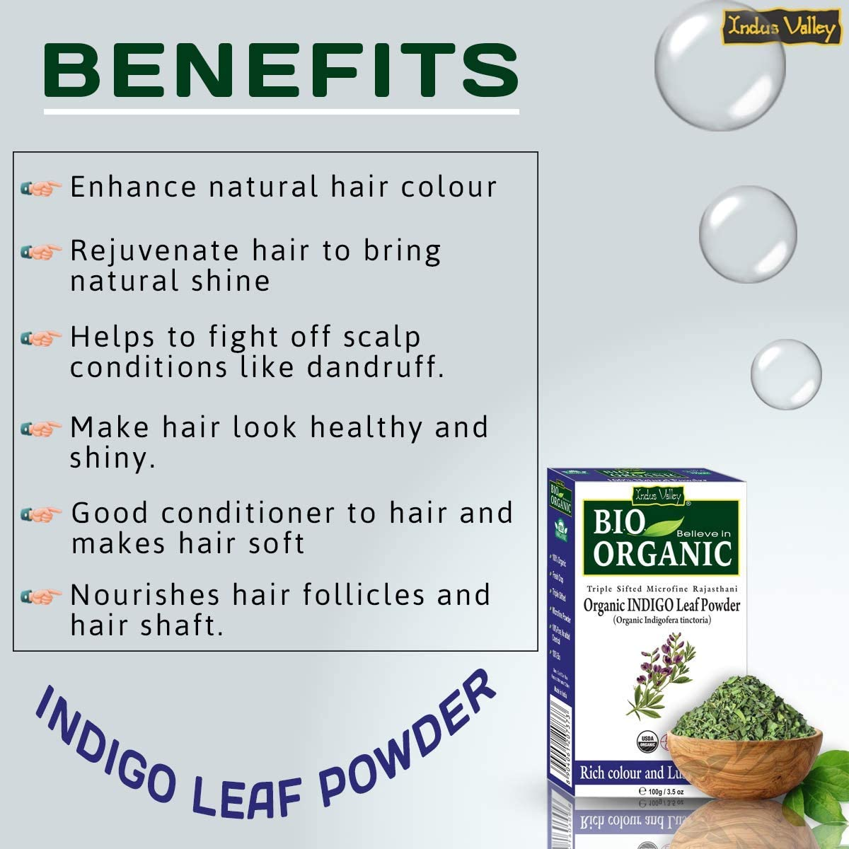 Indus Valley BIO Organic Indigo Leaf Powder for Hair &ndash; 100G (Pack of 2) | Natural Hair Coloring Powder | No Ammonia, No PPD, No Chemicals image number 1