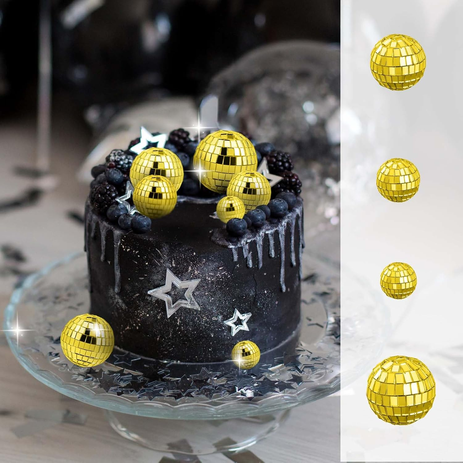 Abeillo 7PCS Disco Ball Cake Topper, 4 Sizes Disco Ball Cake Decorations, Disco Cake Topper, 70S Disco Themed Dance Party Supplies, Mini Disco Balls for Cake Decor Disco Party Ornament (Gold) image number 3