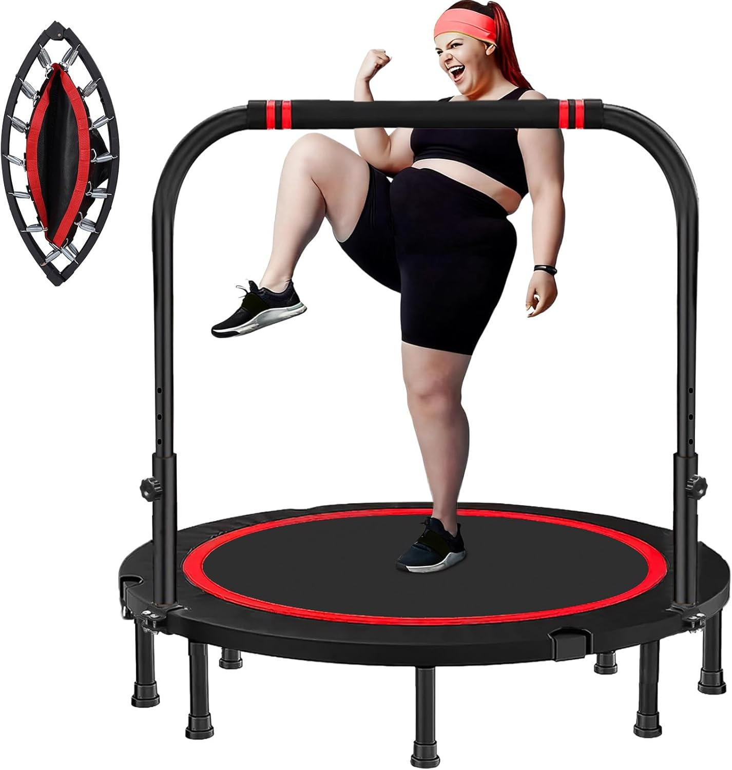 48" Foldable Mini Trampoline Rebounder, Fitness Trampolines with Adjustable Foam Handle, Thick Steel Spring Exercise Rebounder Trampoline for Adults Indoor Outdoor Workouts Max Load 300KG image number 2