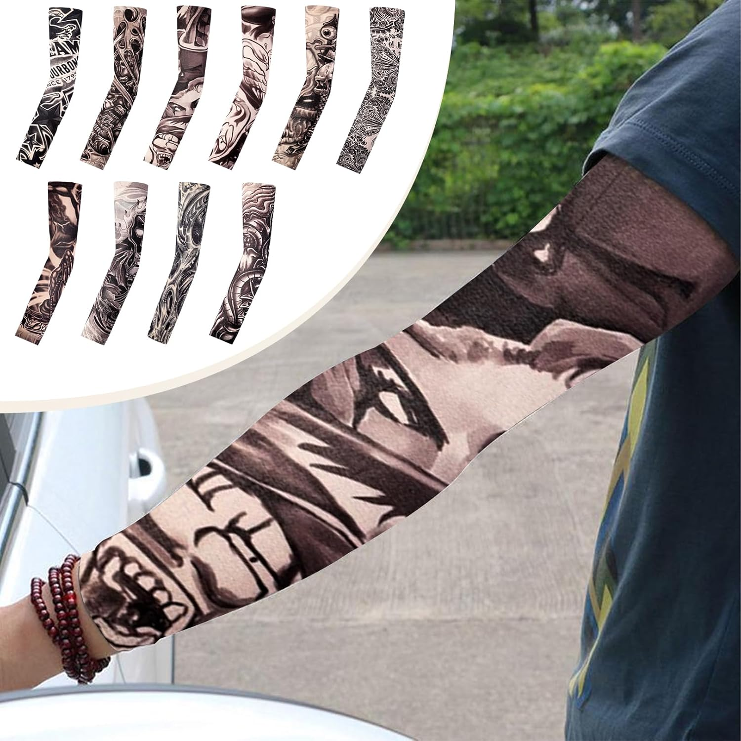 10 Pcs Fake Tattoos Sleeves for Men,Art Arm Fake Tattoo Sleeves Cover for Men/Women, Nylon Elastic Arm Temporary Tattoos Halloween Carnival Festivals Tattoo Hip Hop Accessories Sun Block Sleeves, image number 6