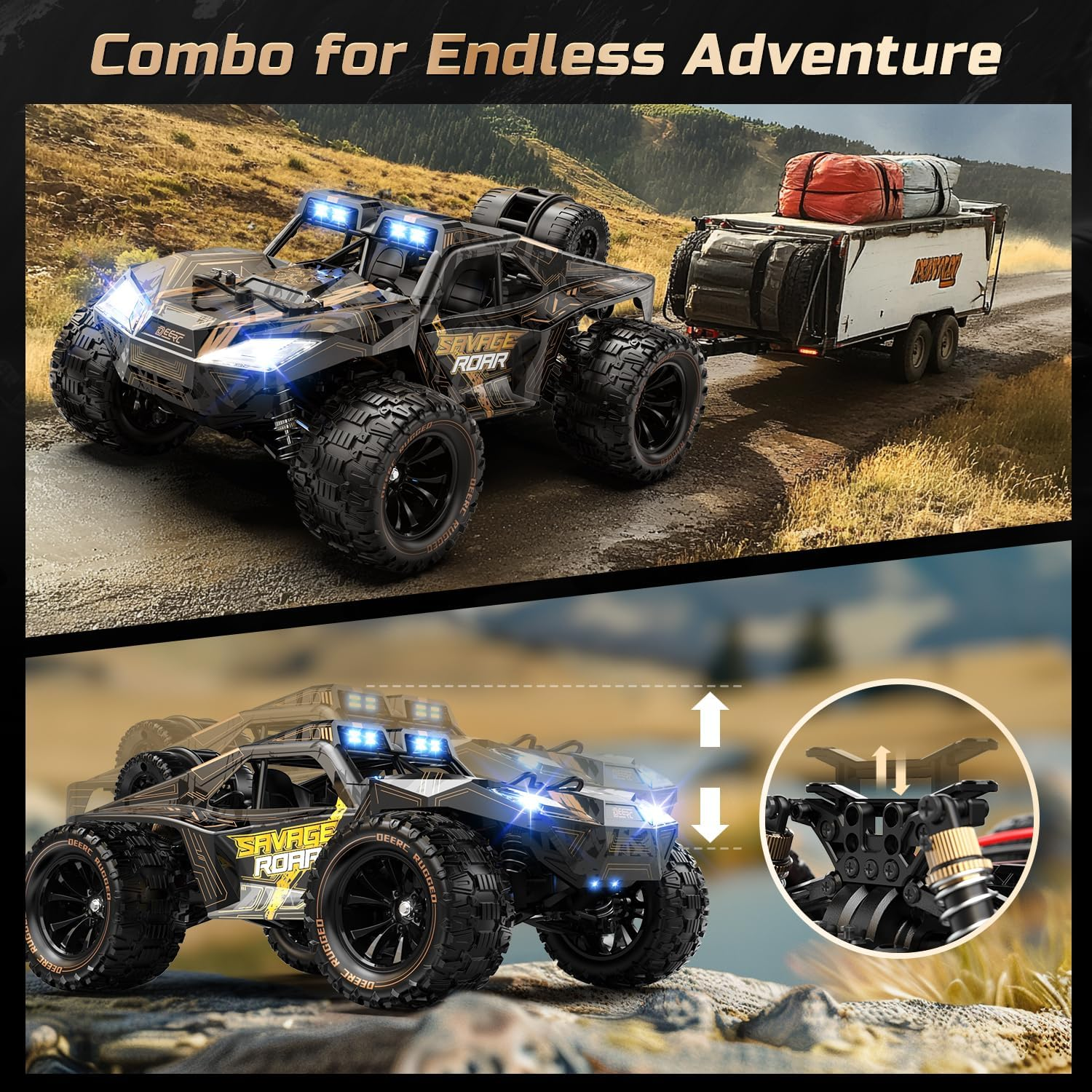 DEERC 1:14 All Terrain Fast RC Car, 40KPH High Speed RC Truck with LED Headlight for Boys, Offroad 2.4Ghz 4X4 Remote Control Car, Monster Truck Toy, 2 Batteries image number 3
