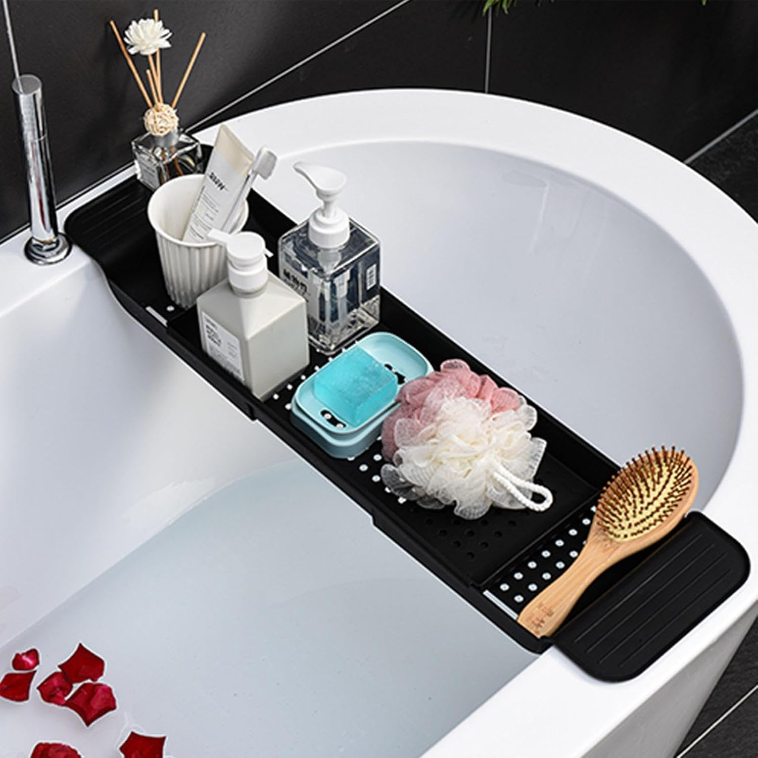 Bathroom Tub Tray, Bathtub Caddy Tray over Bath, Expandable Bath Caddy Tray, Adjustable Bathtub Caddy Tray, Extendable Bath Caddy Tray for Bathtub,Multifunction Bathtub Tray for Candle Towel Book Wine - Black image number 6