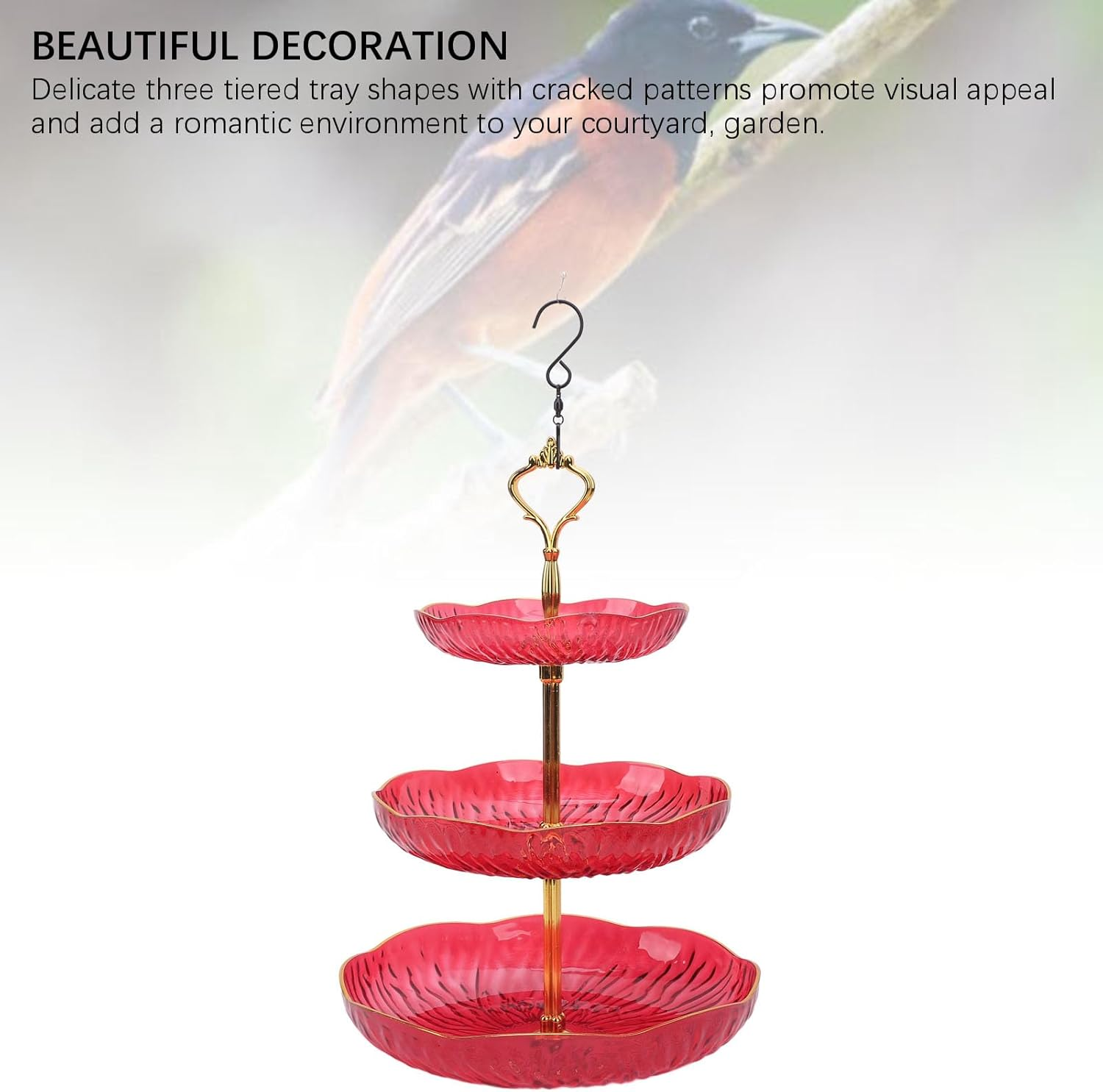 Pomya Hanging Bird Bath Tray, Aesthetic Enduring 3 Tier Hanging Bird Feeder Acrylic Promote Air Circulation for Backyard (Red) - Red image number 2