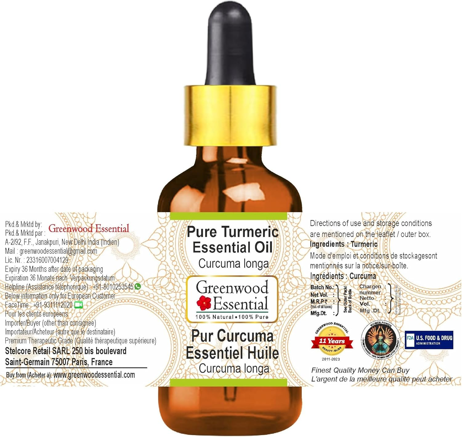Greenwood Essential Pure Turmeric Essential Oil (Curcuma Longa) with Glass Dropper Steam Distilled for Personal Care 100Ml (3.38Oz) image number 2