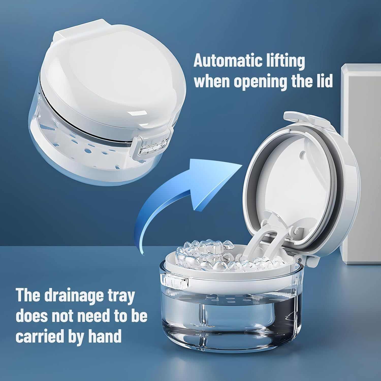 Denture Bath Box with Strainer Basket, 1 Pcs Clear Denture Case for Cleaning and Storage, Retainer Braces Aligner Soak Container, Portable Travel Cup with Drain Tray, White