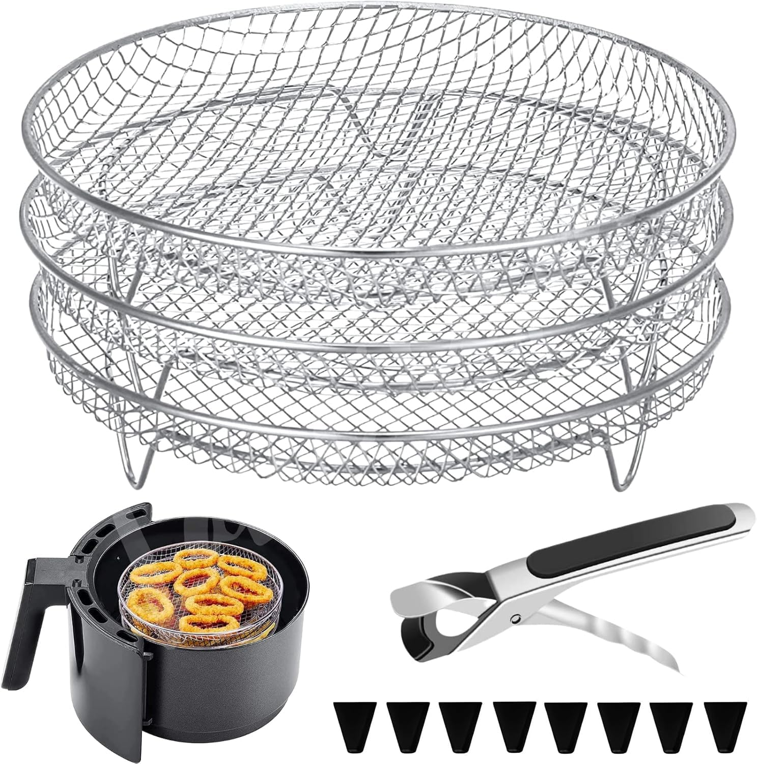 Air Fryer Rack for Ninja Air,3 Layers Stainless Steel Air Fryer Shelf Stackable Dehydrator Racks with Clip and Silicone Feet Air Fryer Accessories for Dual Air Fryer, Oven (Rectangular)