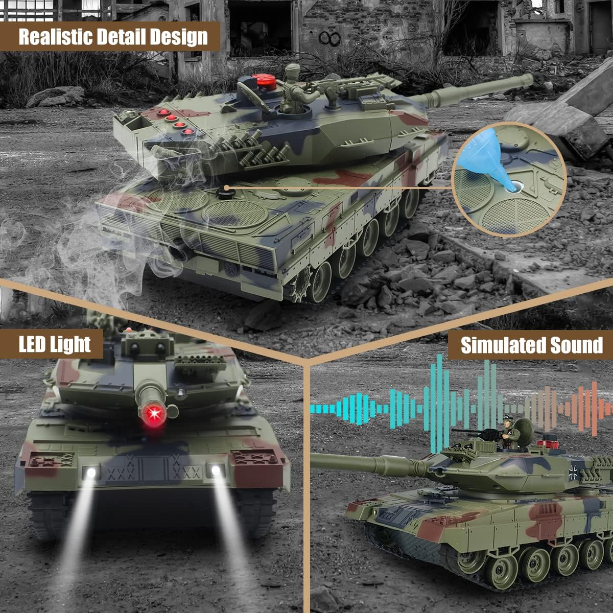 Fistone RC Battle Tank Set, 1/24 Scale 2.4G Remote Control T90 Tank and Leopard Battle Tank with Realistic Sounds, Lights, Life Indicators and Spray Military Toys for Kids and Adults image number 5