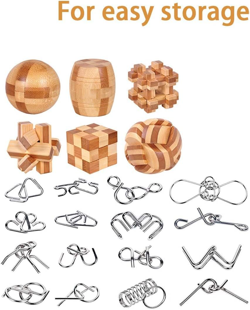 Brain Teasers Wooden and Metal Wire Puzzles 22Pcs Unlock Interlock 3D Brain Puzzle Games IQ Test Toys for Kids Adults image number 5