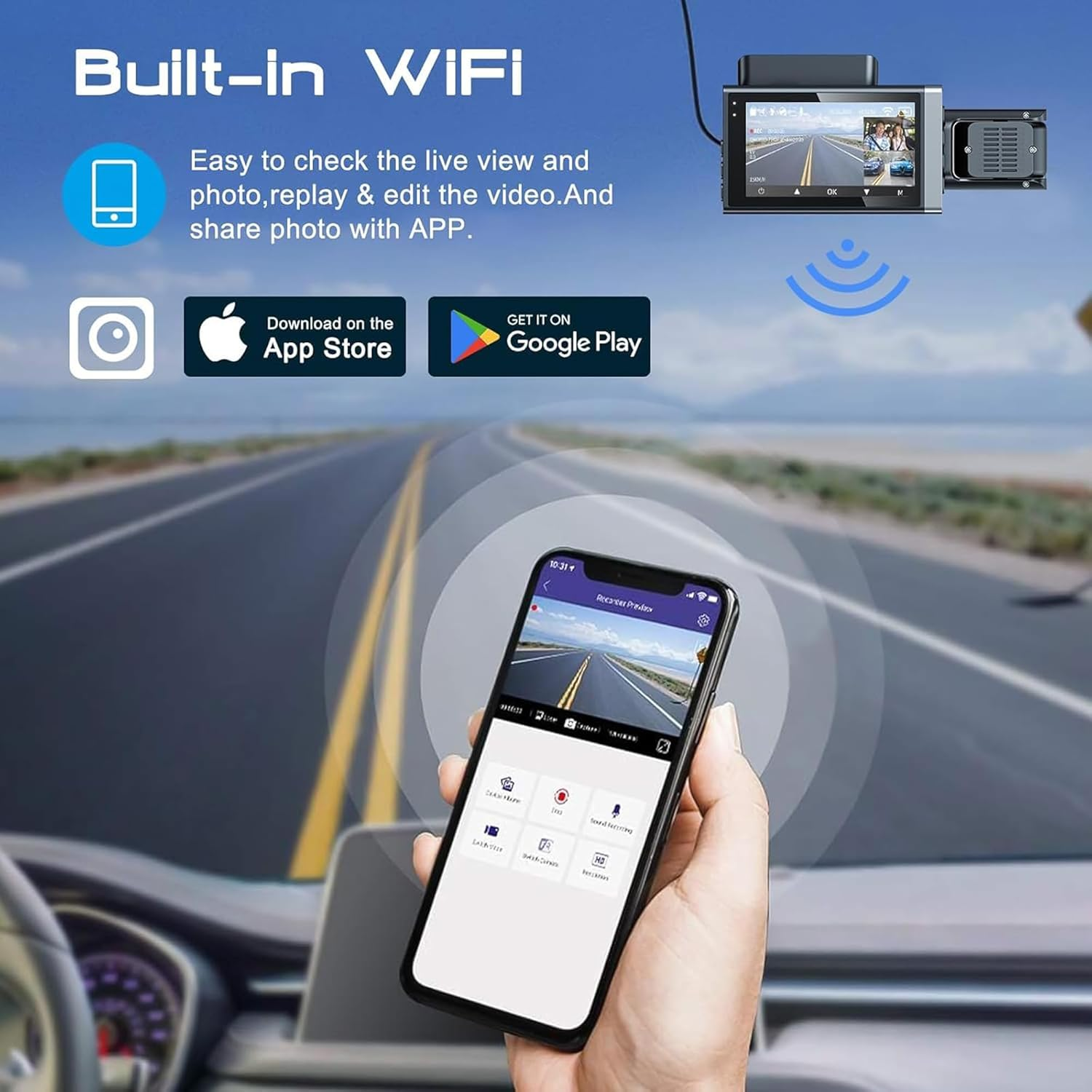 A6 Triple Lens Dash Camera - 2K Front, 1080P inside & Rear, Built-In GPS & Wifi, Night Vision, 3" LCD Screen Dash Camera for Cars with App ﻿