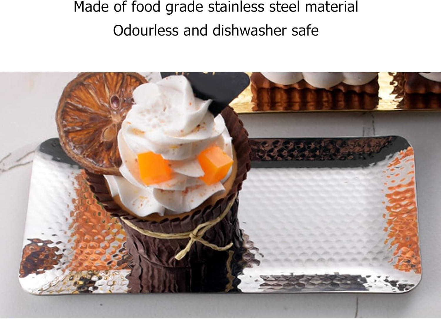 POENVFPO Hammered Stainless Steel Multi Purpose Tray for Home and Restaurant, Towel Tray Plate for Dessert - Dishwasher Safe Serving Platter for Snacks, Fruits - 25X11Cm (Silver) - Silver image number 2