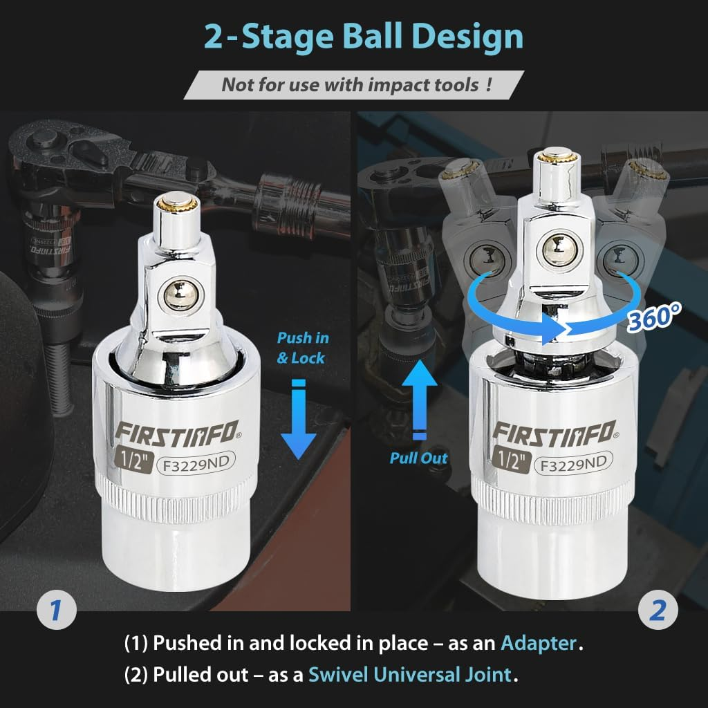 FIRSTINFO F3229N 3-Piece Magnetic Universal Joint Adapter Set, 2-Stage Design Changes Adapter from 360&deg; Swivel to Fixed Position, Includes 1/4-Inch, 3/8-Inch, and 1/2-Inch Drive image number 3