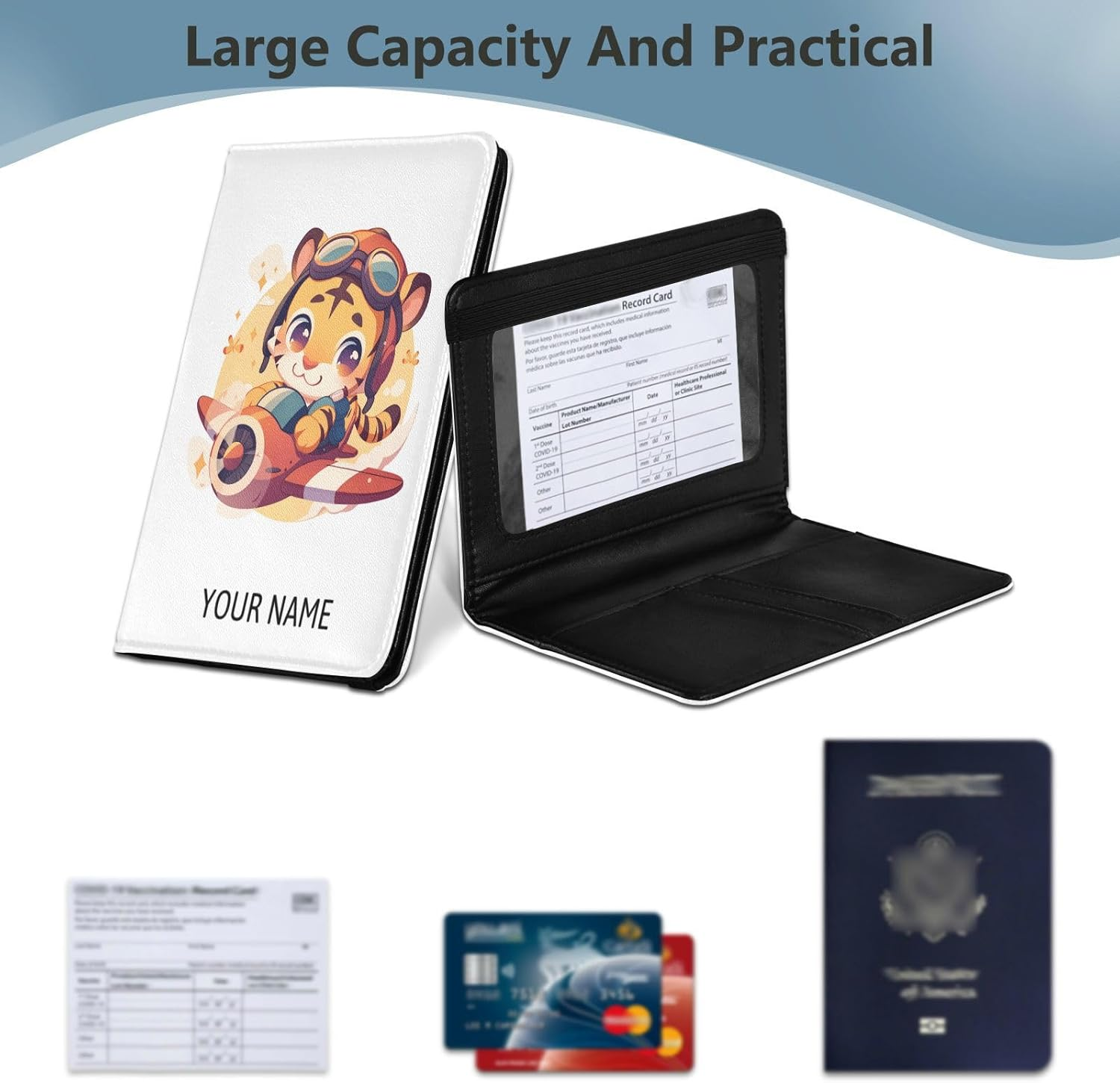 Personalized Passport Holder Cover Wallet Combo Custom Name PU Leather Passport Vaccine Card Protector for Girls Boys Travel Gift, Multicolor38, One Size - Cartoon Probe Flower Cat image number 2