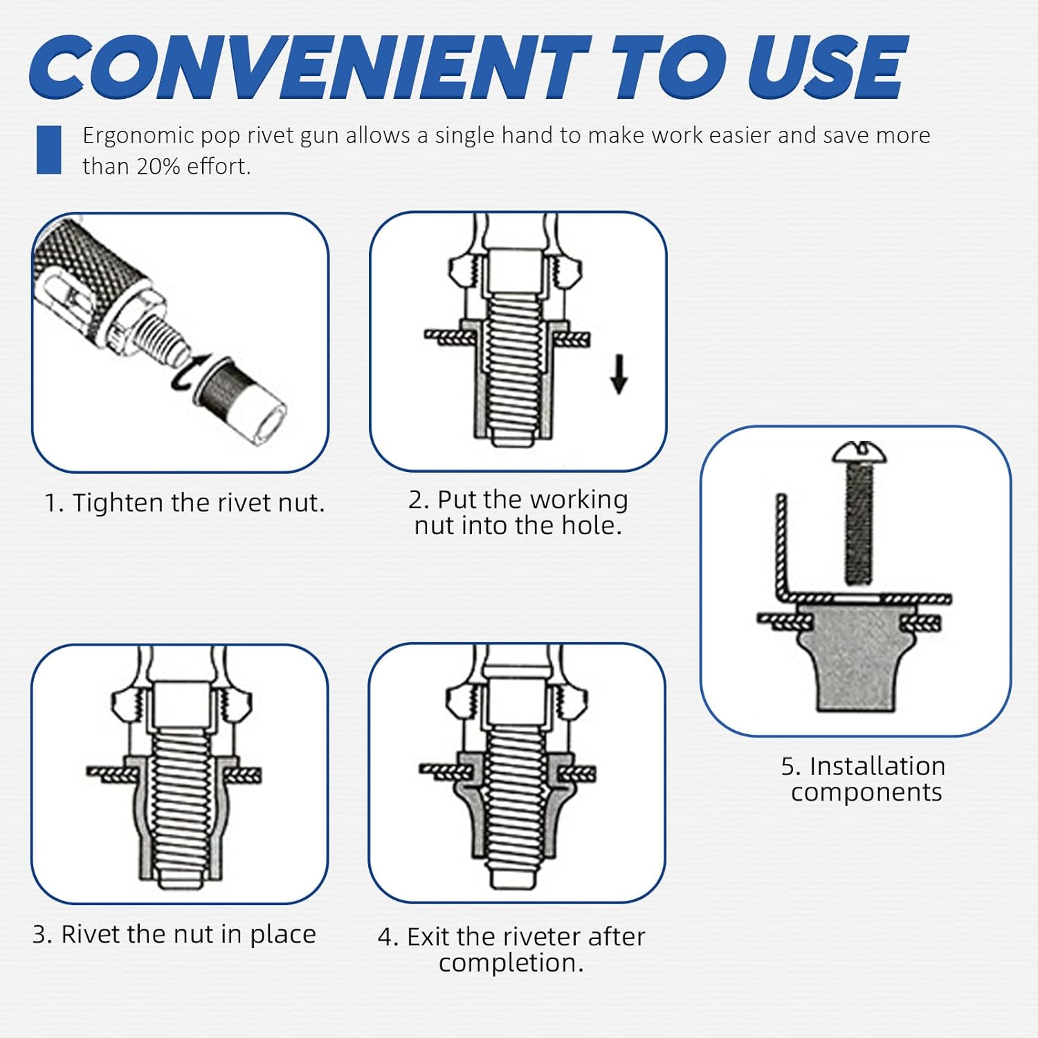 Glarks 120Pcs Rivet Nut Tool with Mandrel and Rivet Nut Kit, Threaded Insert Hand Riveter Nutsert Tool Rivet Gun with 8Pcs Metric & SAE Mandrel M3 M4 M5 M6 1/4-20 10-24 8-32 6-32 and 110Pcs Rivet Nut image number 2