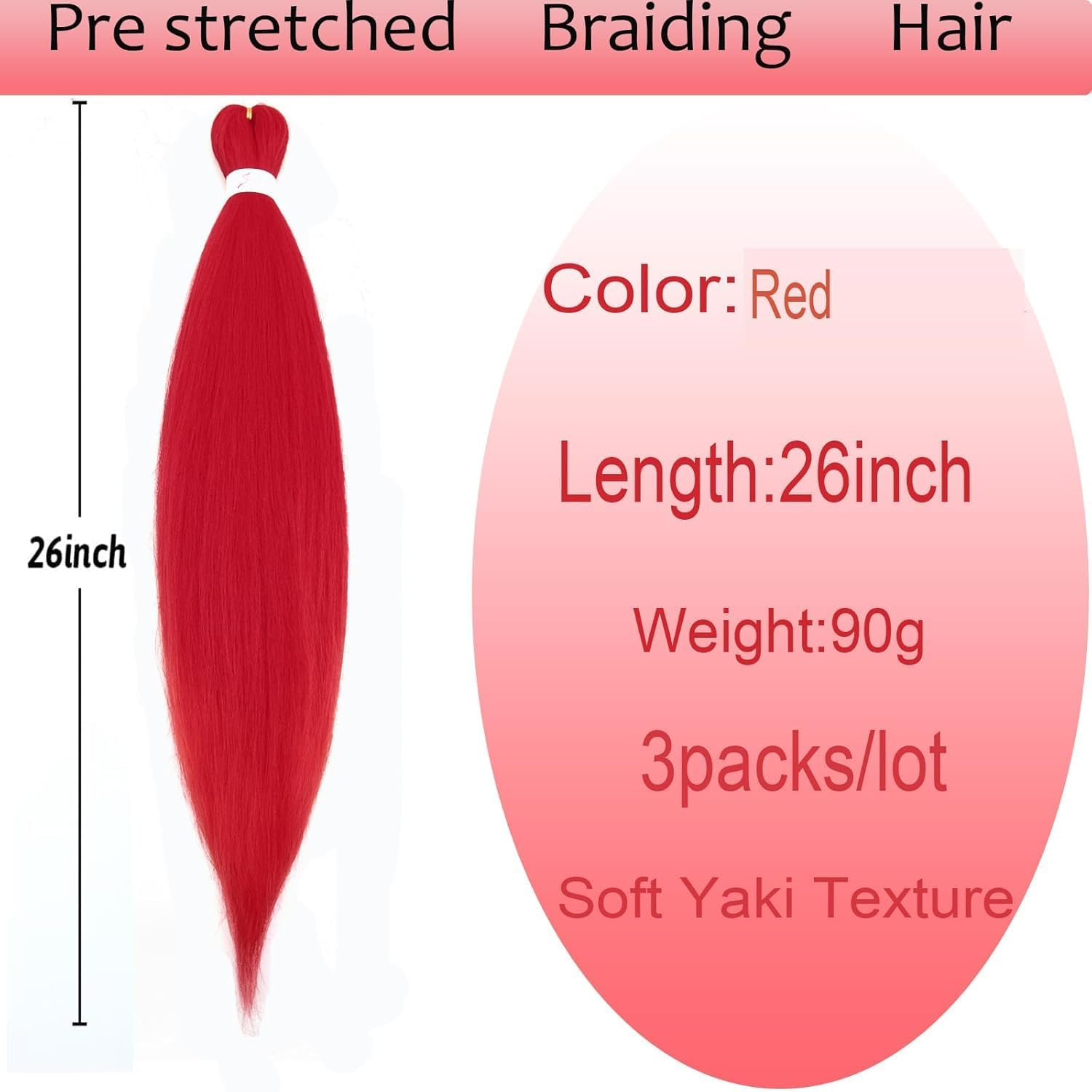 Long Red Braiding Hair, Pre Stretched Synthetic Braiding Hair Extensions for Braids, Hair Extensions for Stage Party Halloween Costume Cosplay (Red)