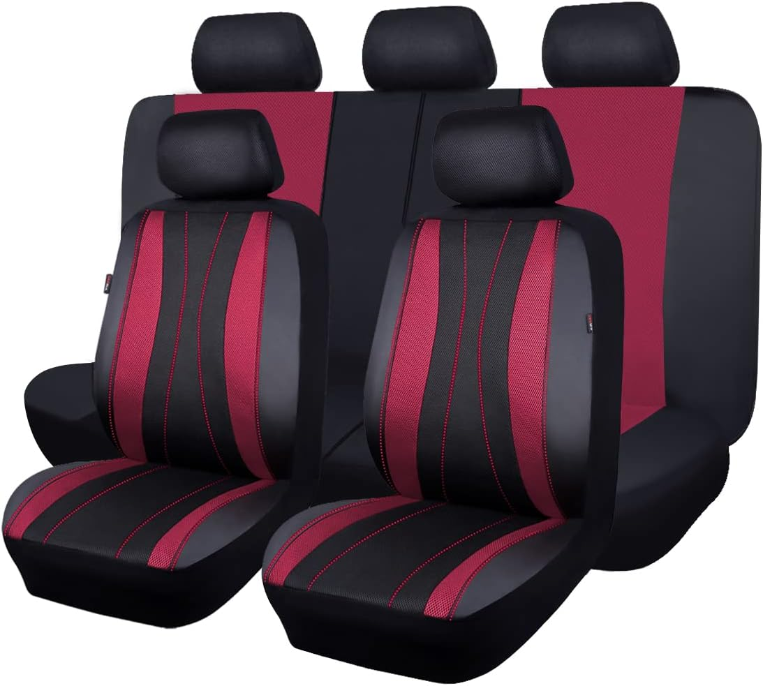 Flying Banner Car Seat Covers Full Set Faux Leather Air Mesh Breathable Man Lady Airbag Compatible Rear Bench Split 40/60 50/50 60/40 Truck Pick up (Full Set - Low Back, Black Black)