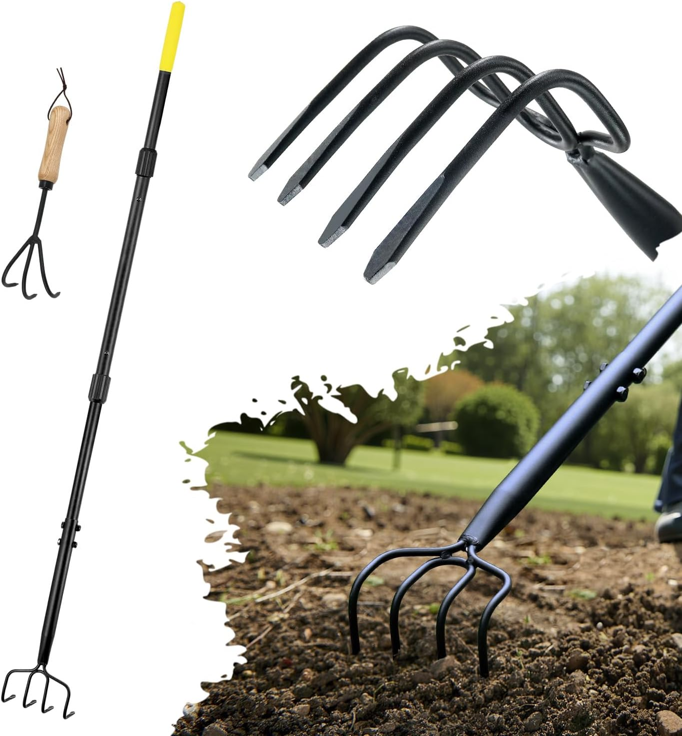 Colwelt 4 Tines Garden Cultivator Rake 59'', Hand Tiller Garden Tool with Sharp Forged Steel Head, Cultivators for Gardening with Long Handle, Garden Tiller for Digging Loosening Weeding image number 3