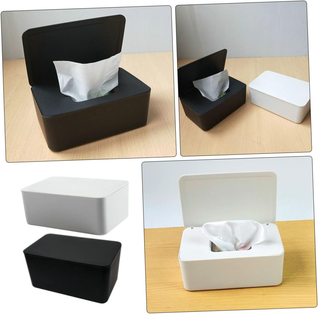 LABRIMP Wet Tissue Box and Napkin Storage Container with Lid, Dustproof Sealed Wipe Holder for Home and Office Desktop, 2Pcs White and Black