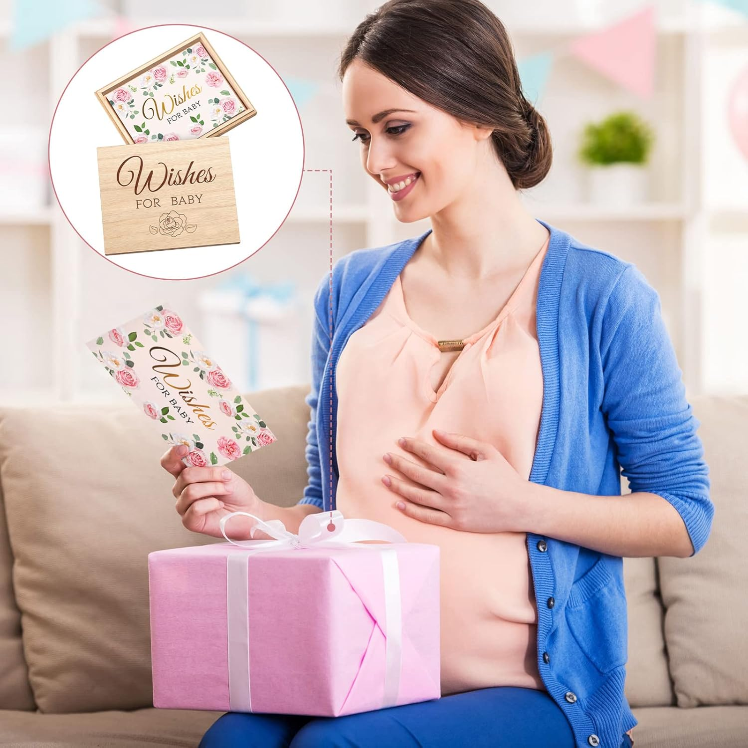 Junkin 50 Pack Baby Shower Advice Cards and Wood Baby Keepsake Box, Baby Advice Cards Wishes for Baby Cards for Baby Shower Games Invitations Gifts, 5 X 4 Inch (Flower) image number 4