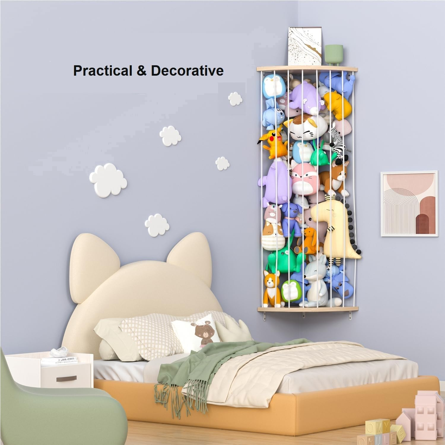 Storage Wood Soft Toy Shelf with Adjustable Length，Corner Stuffed Animal Toy Hammock Hanging, Hanging Toy Organizer, Large Corner Plush Toys Storage for Nursery Playroom Bedroom (Fan-Shape) image number 2