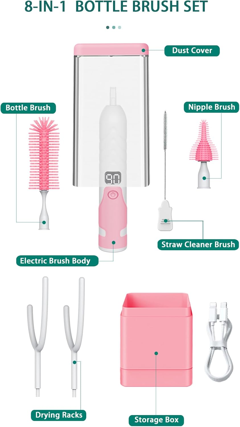 Electric Baby Bottle Brush Cleaner Set,8 in 1 Automatic Baby Bottle Cleaning Kit,Silicone Bottle Brush,Pink - Green image number 6