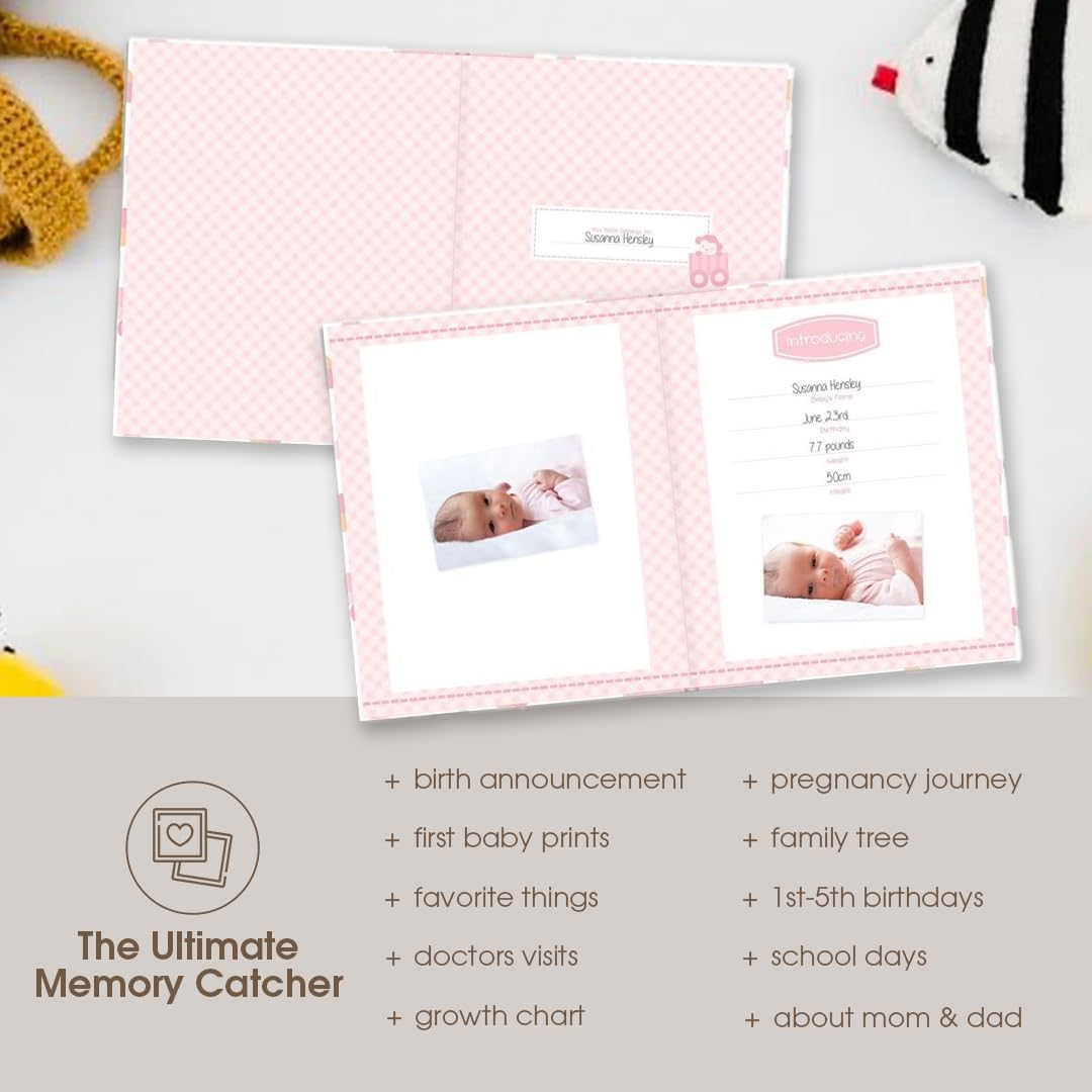 Lil Peach First 5 Years Baby Memory Book, Cherish Every Precious Moment, Pink & Peach Confetti Polka Dots - Safari Train Baby Book image number 6